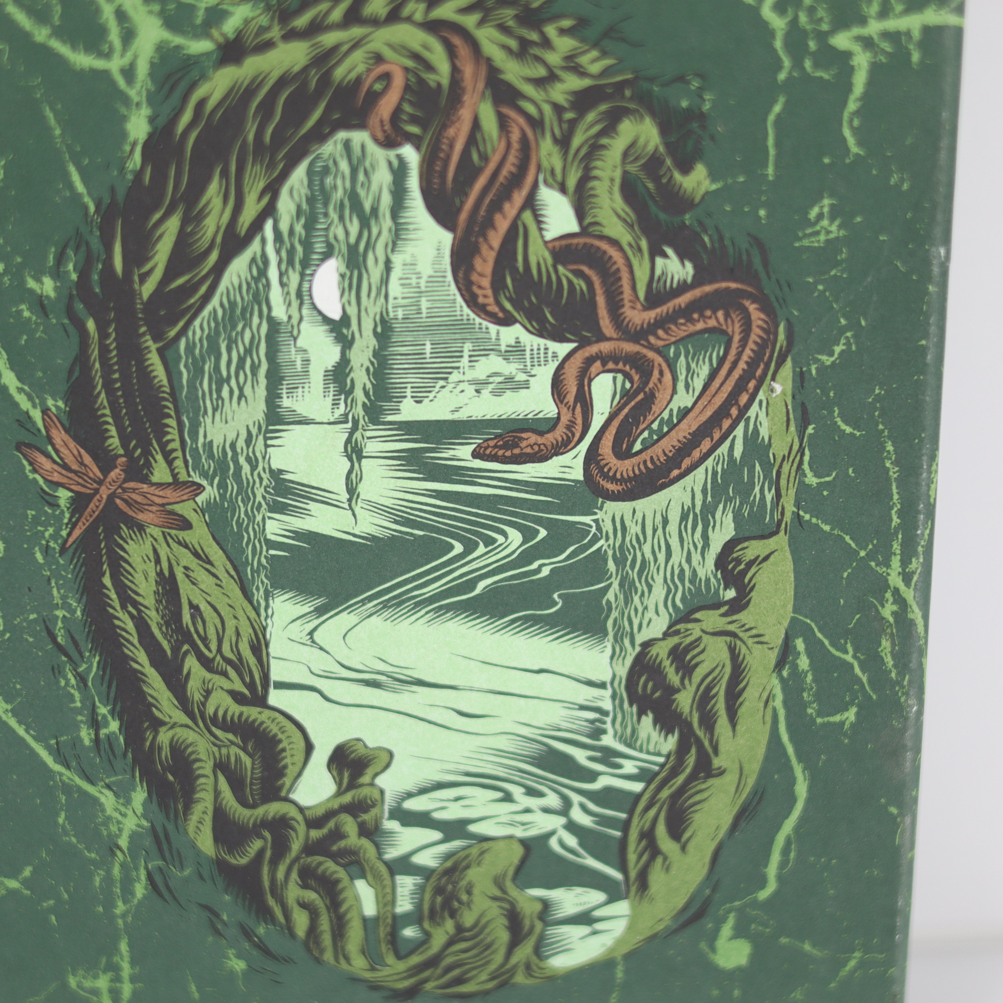 Illustration of a snake coiled around a wreath with a moonlit scene in the background.