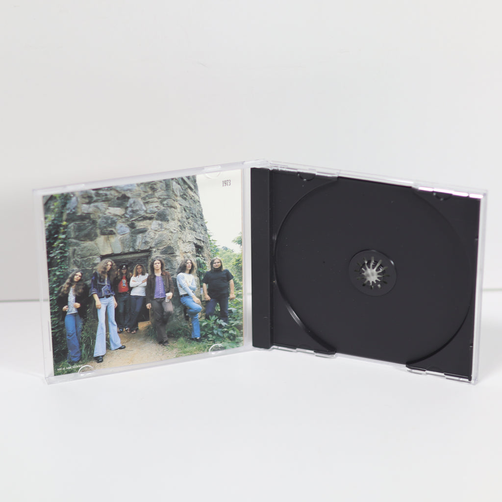 CD case with a photo of people on one side and a black disc on the other, on a white background