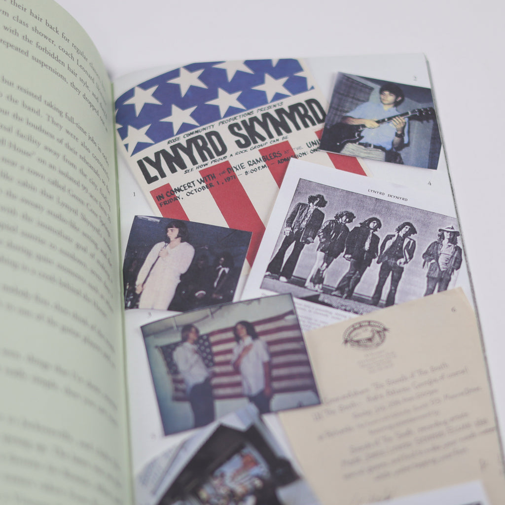 Open book with Lynyrd Skynyrd album cover and photos on a white background