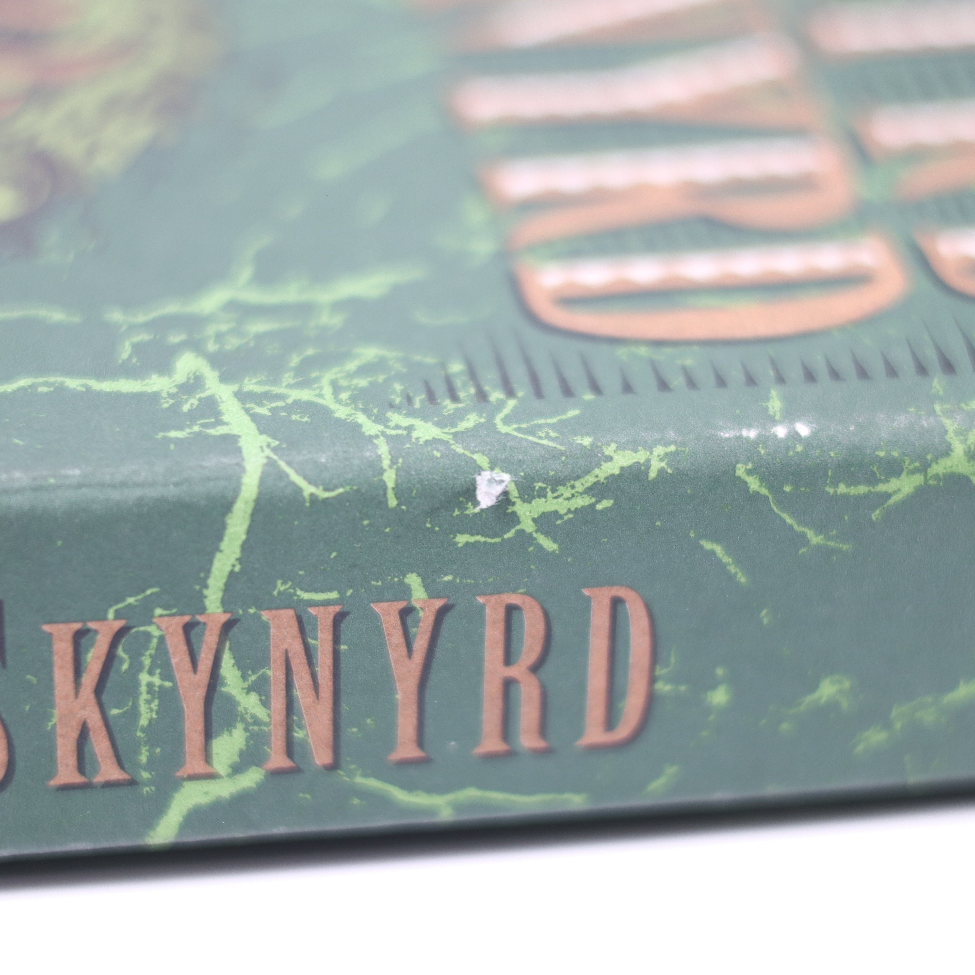Close-up of a green and brown album cover with 'KYNYRD' text.