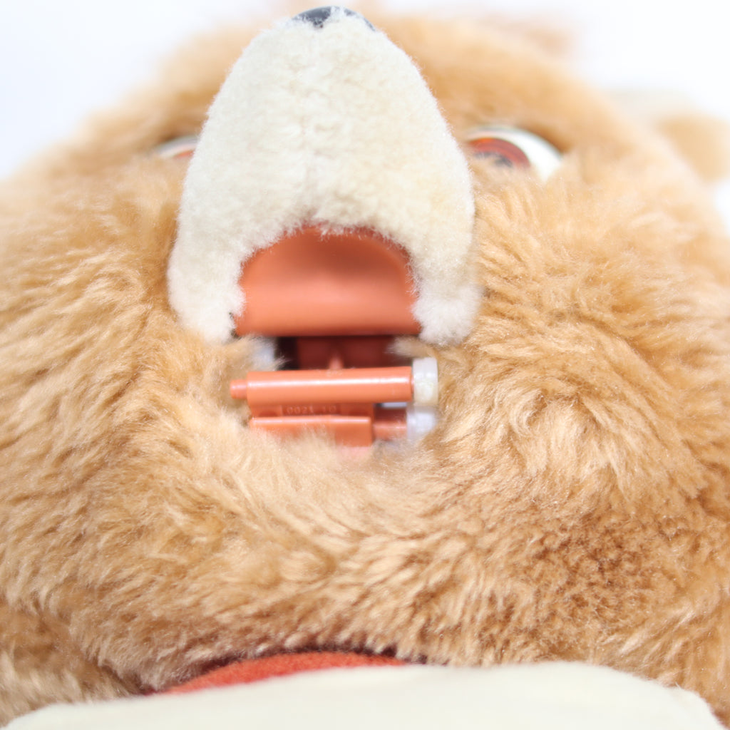 Close-up of a plush toy with a white muzzle and red interior.