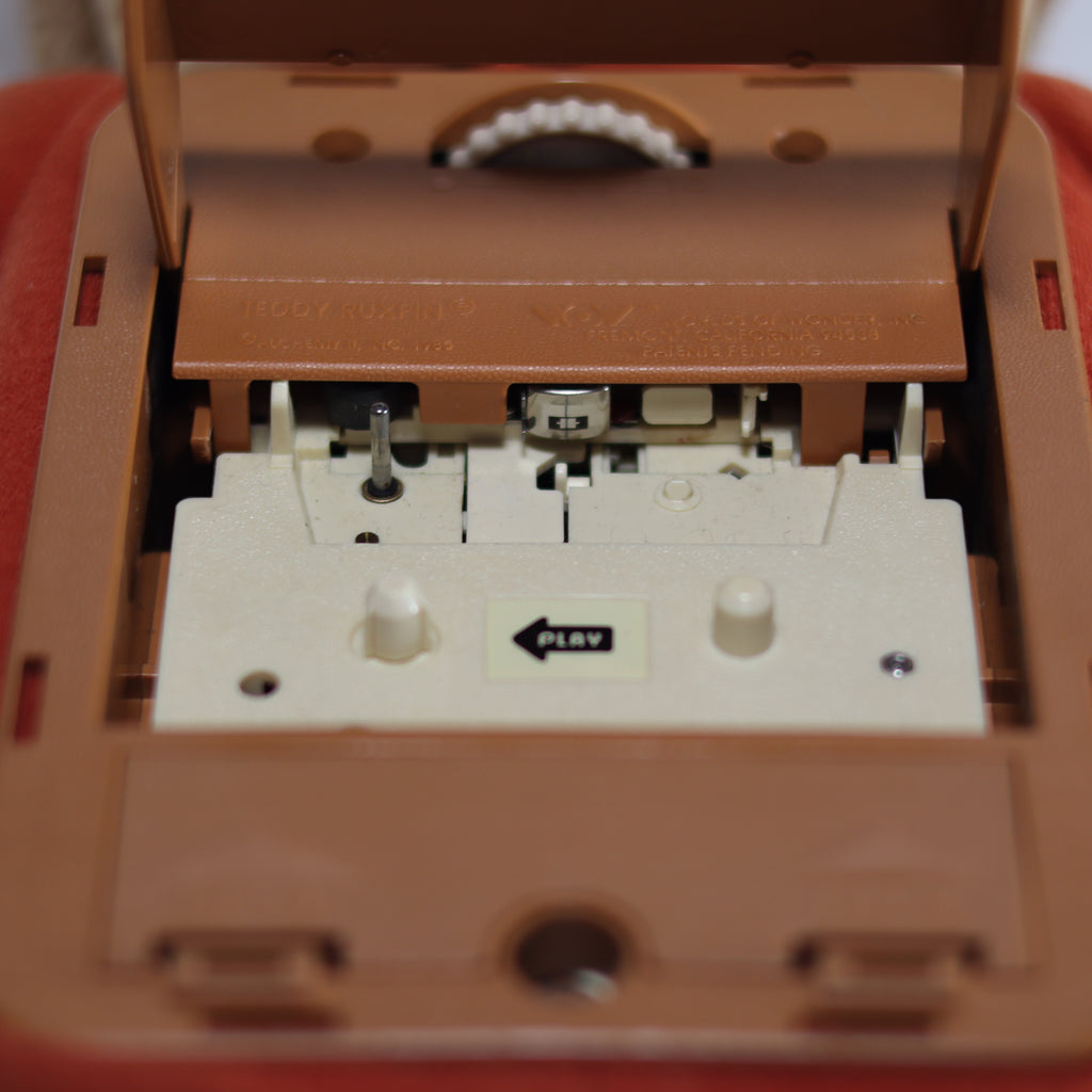 Close-up of a vintage cassette tape player mechanism
