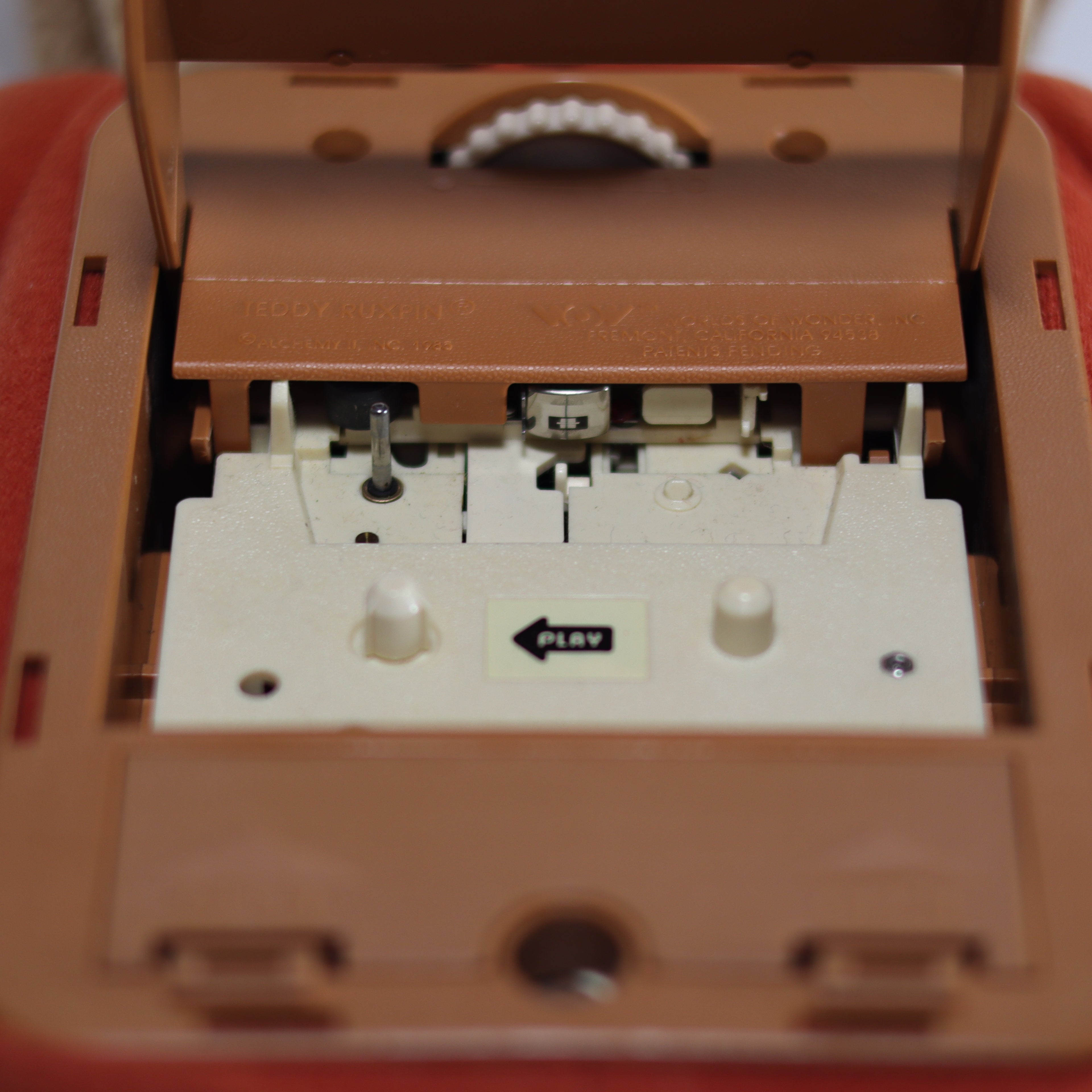 Close-up of a vintage cassette tape player mechanism