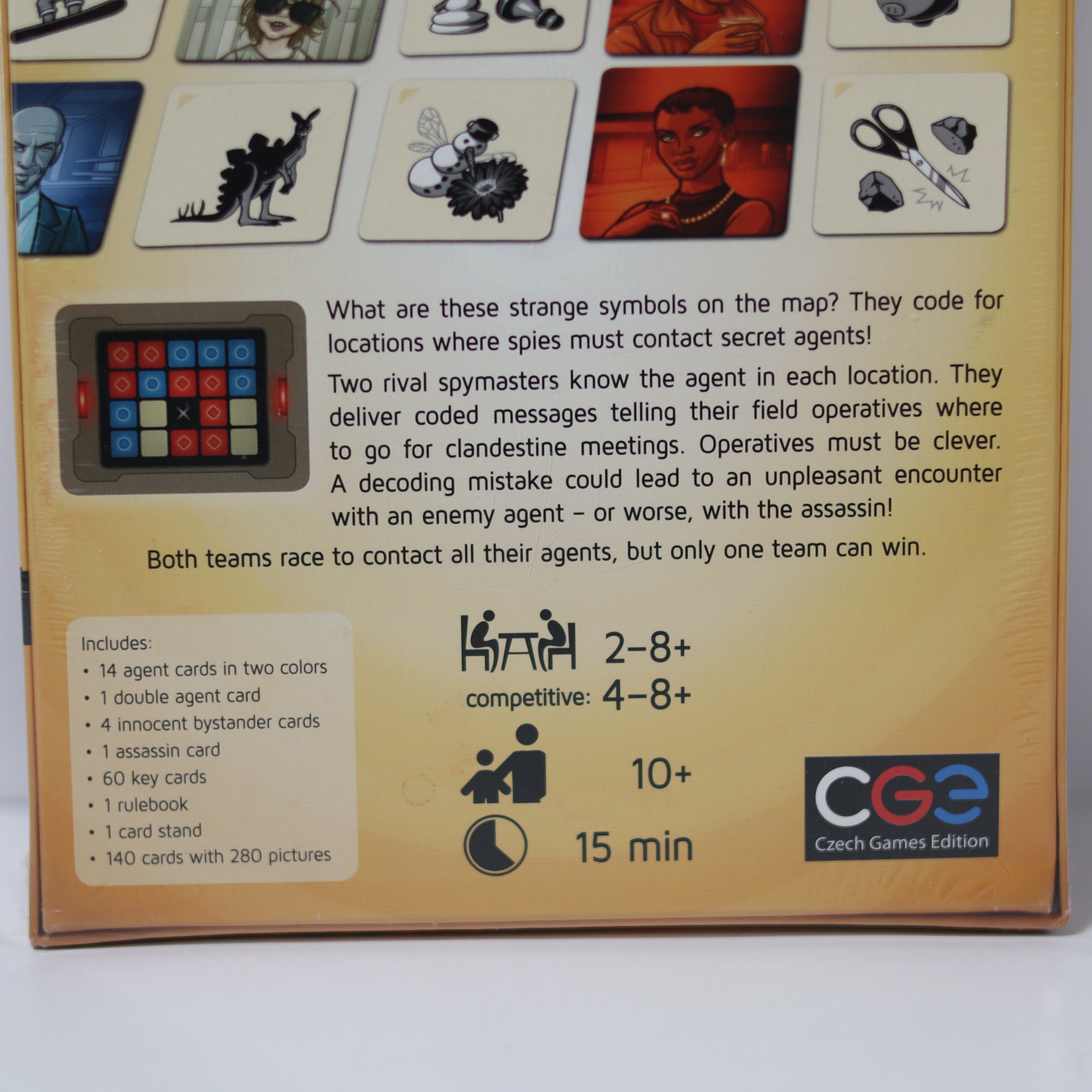 Board game box with text and graphics on a white background
