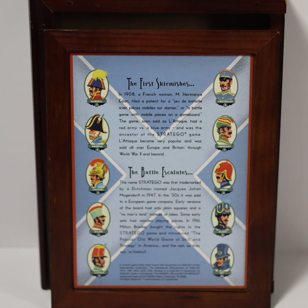 Wooden box with a historical game description and character illustrations on a blue background