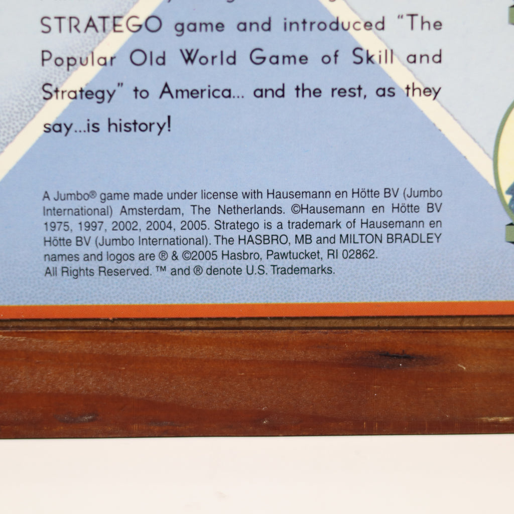 Back of a Stratego game box with branding and copyright information.
