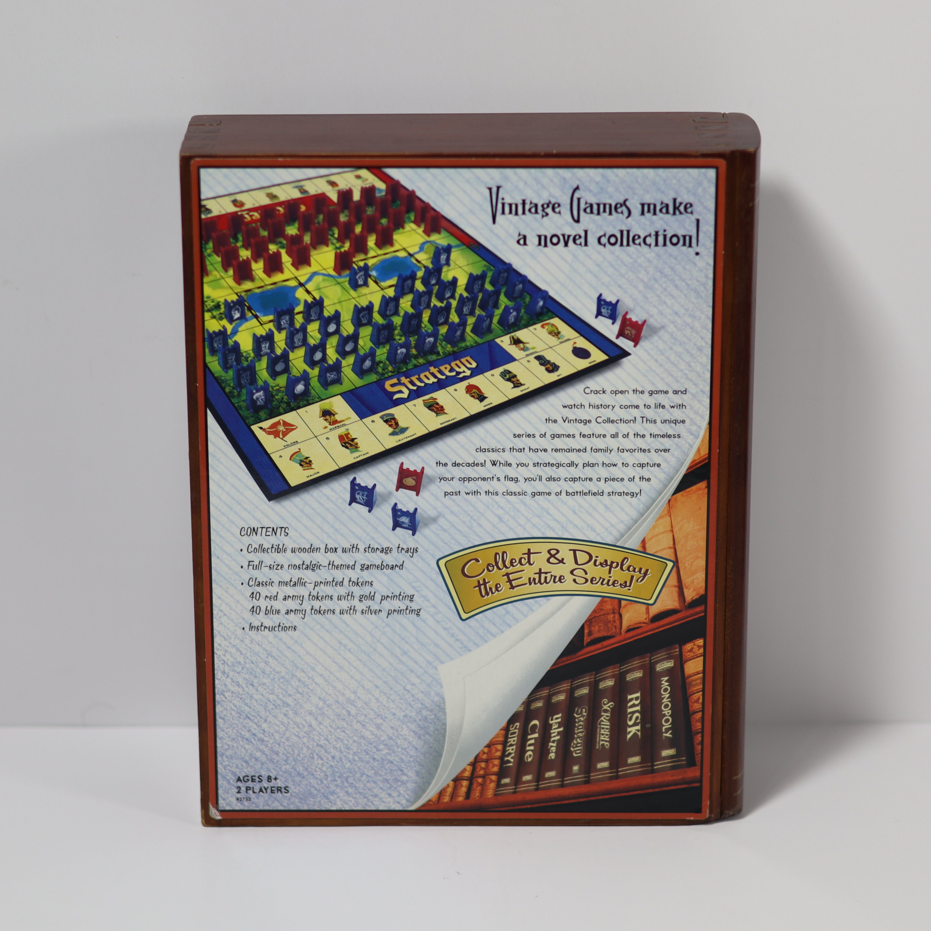 Vintage board game box with colorful graphics and text on a white background