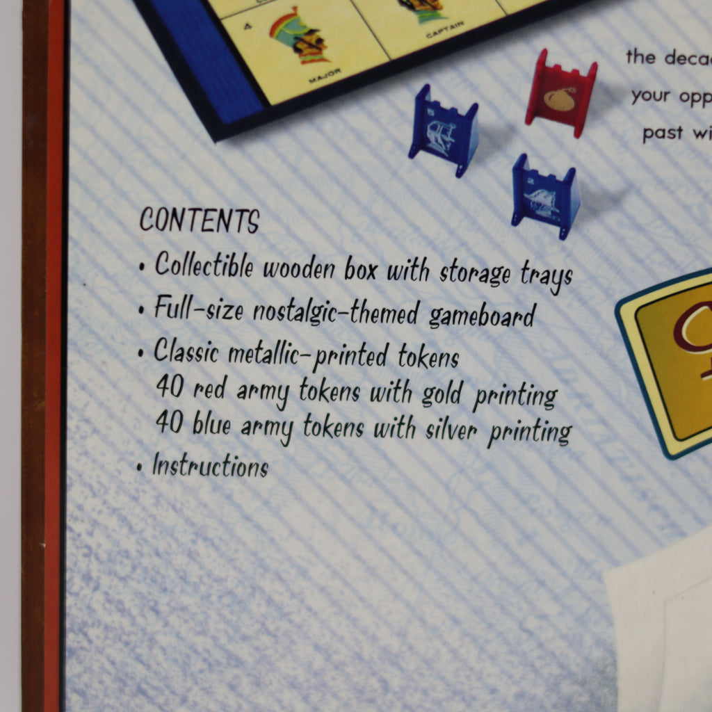 Product description card for a collectible wooden box with game components on a textured surface.