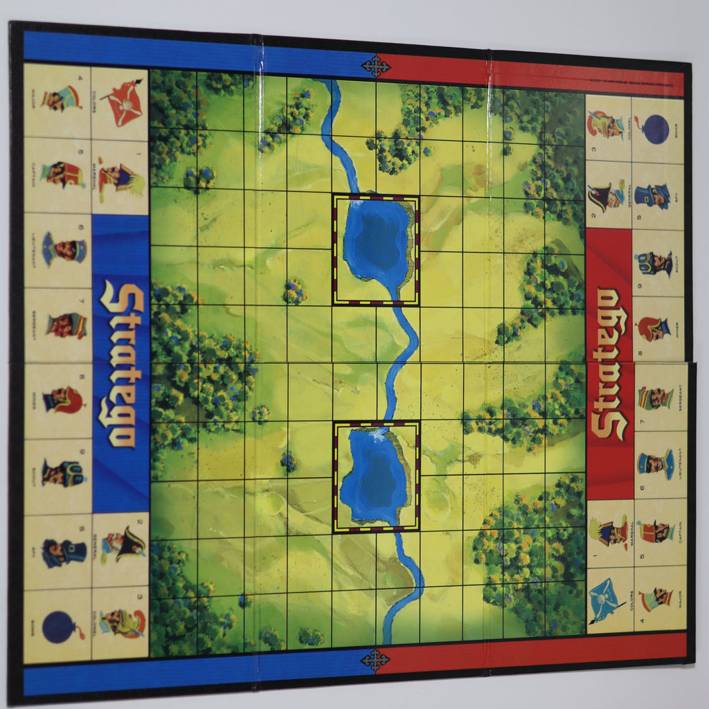 Stratego board game with tiles and character pieces on a white background