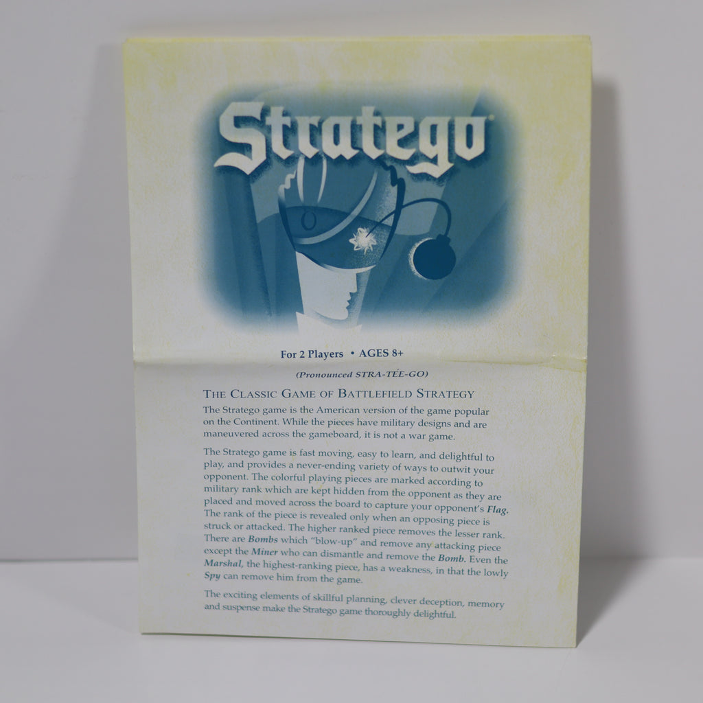 Stratego game box with blue and white design on a light gray background