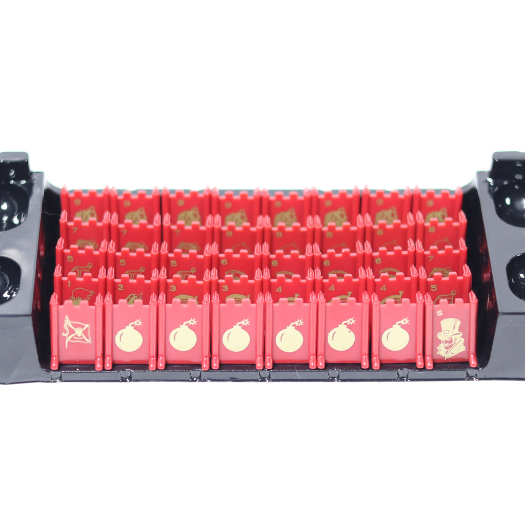 Red Stratigo game pieces on a white background