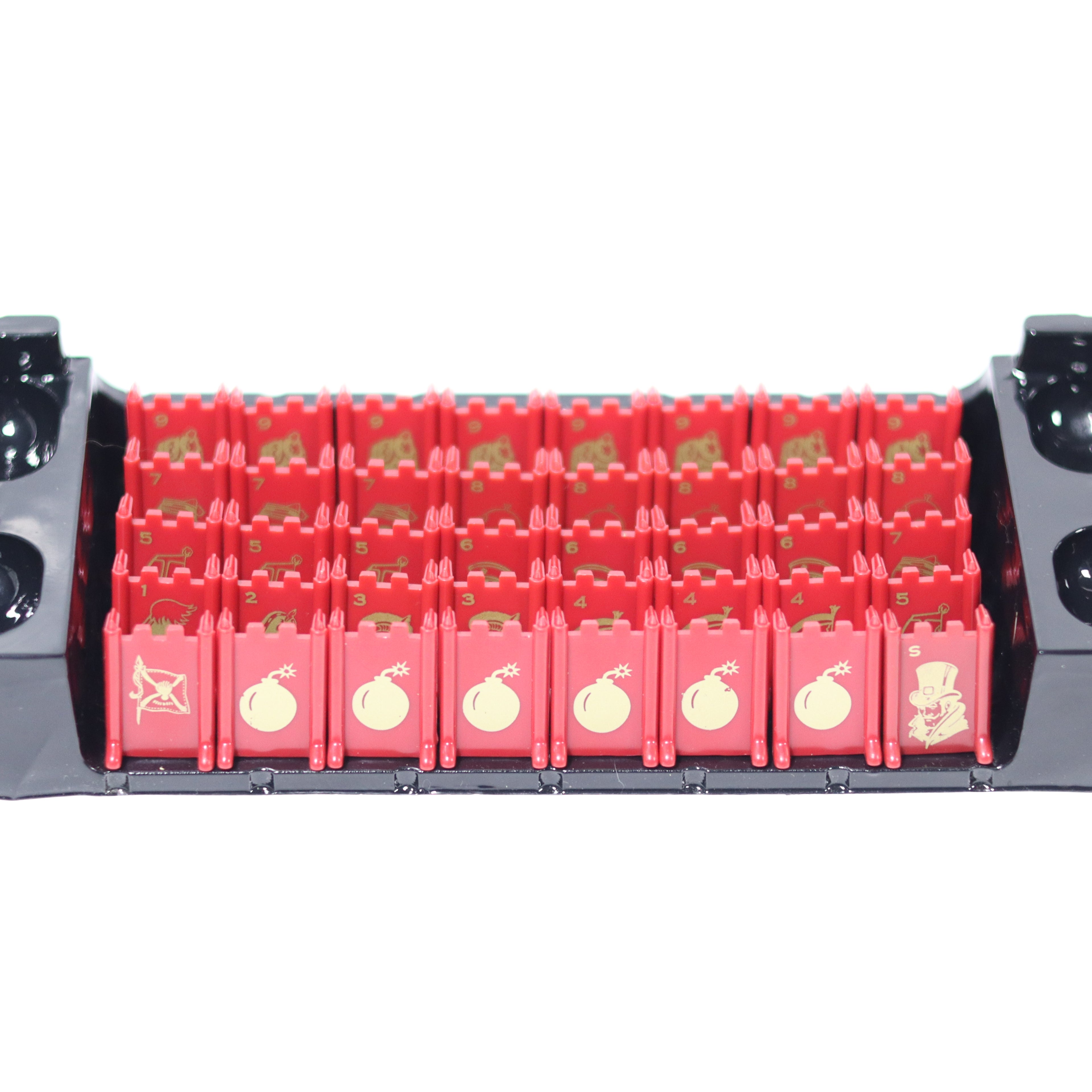 Red Stratigo game pieces on a white background