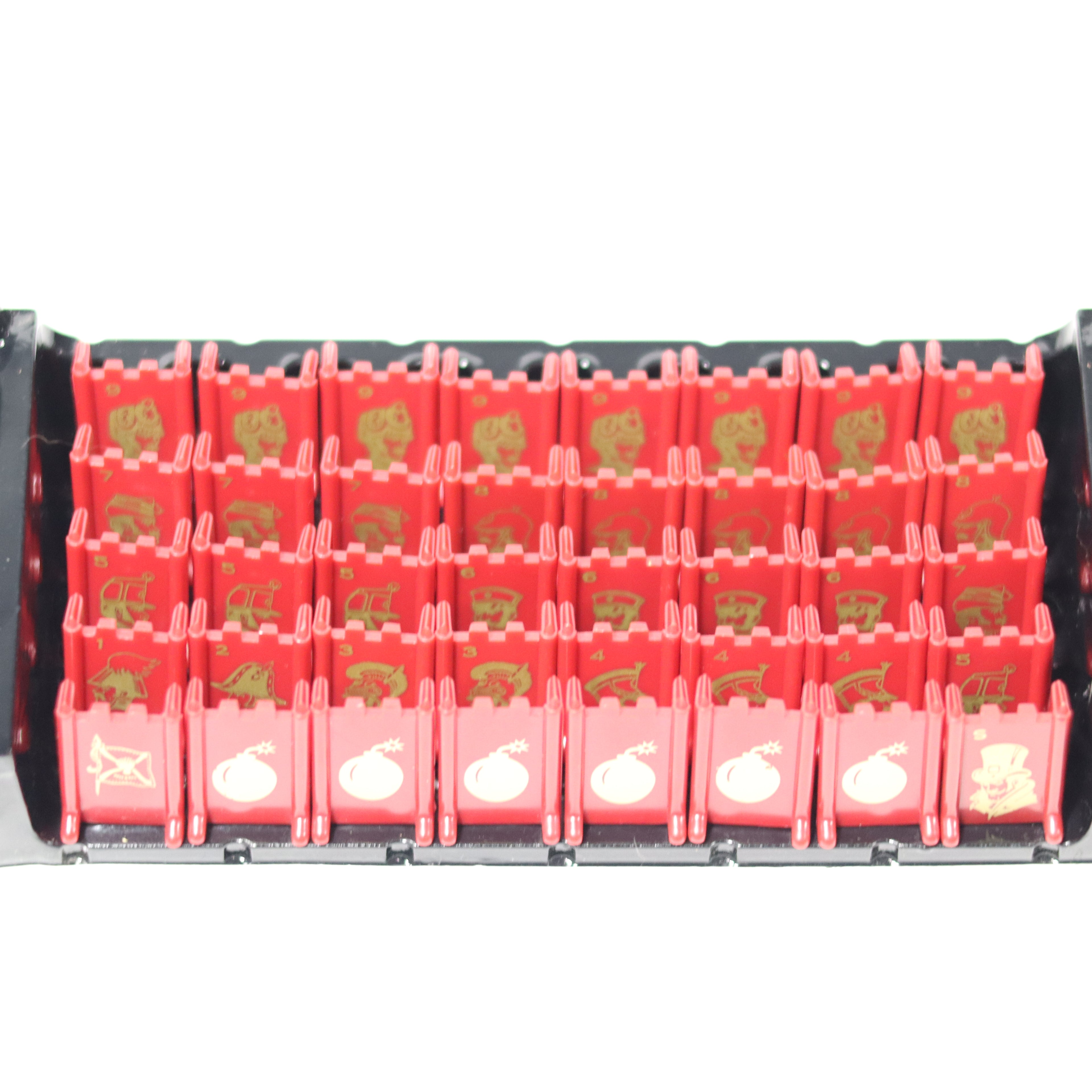 Row of red boxes with white logos on a white background