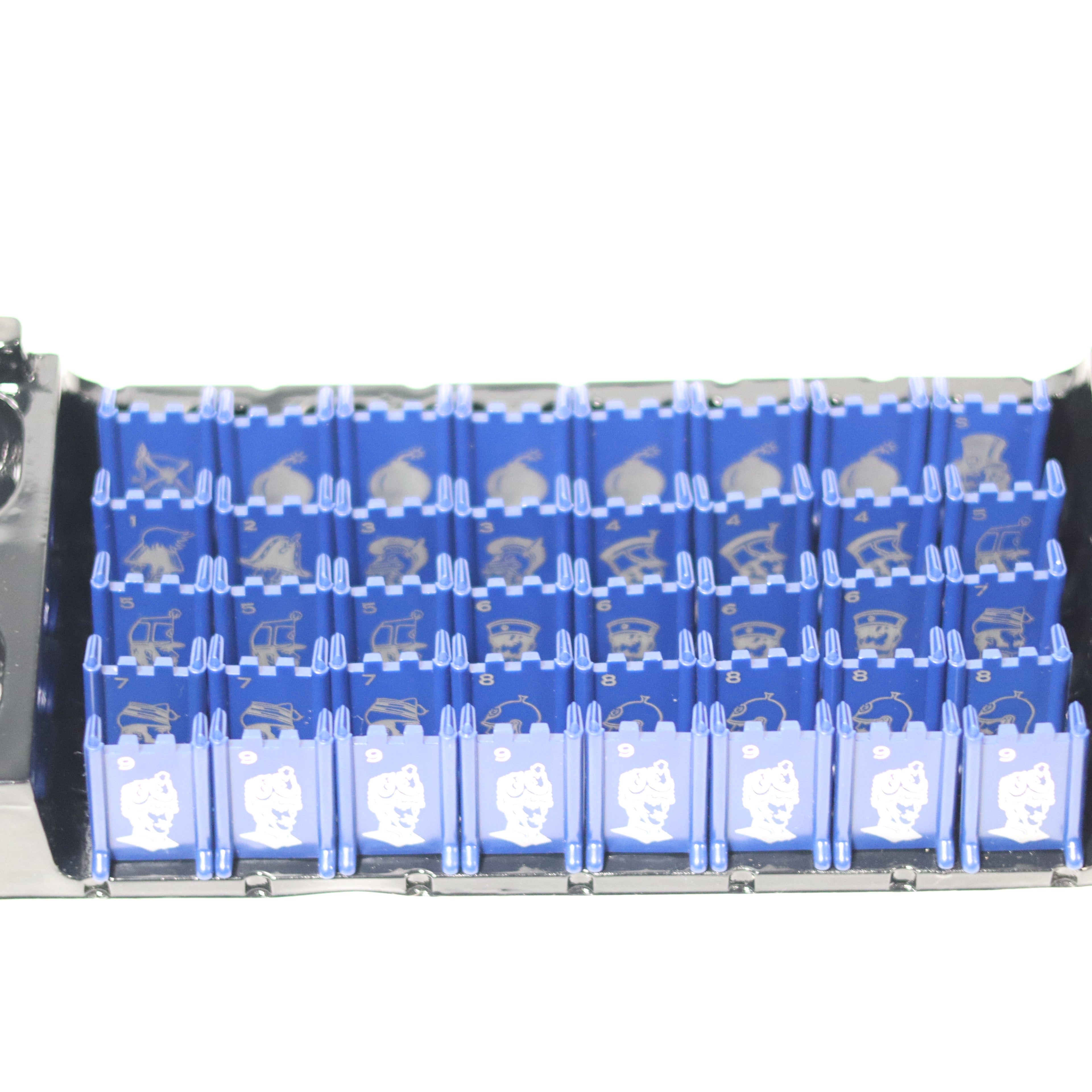 Row of blue packages with a logo on a white background