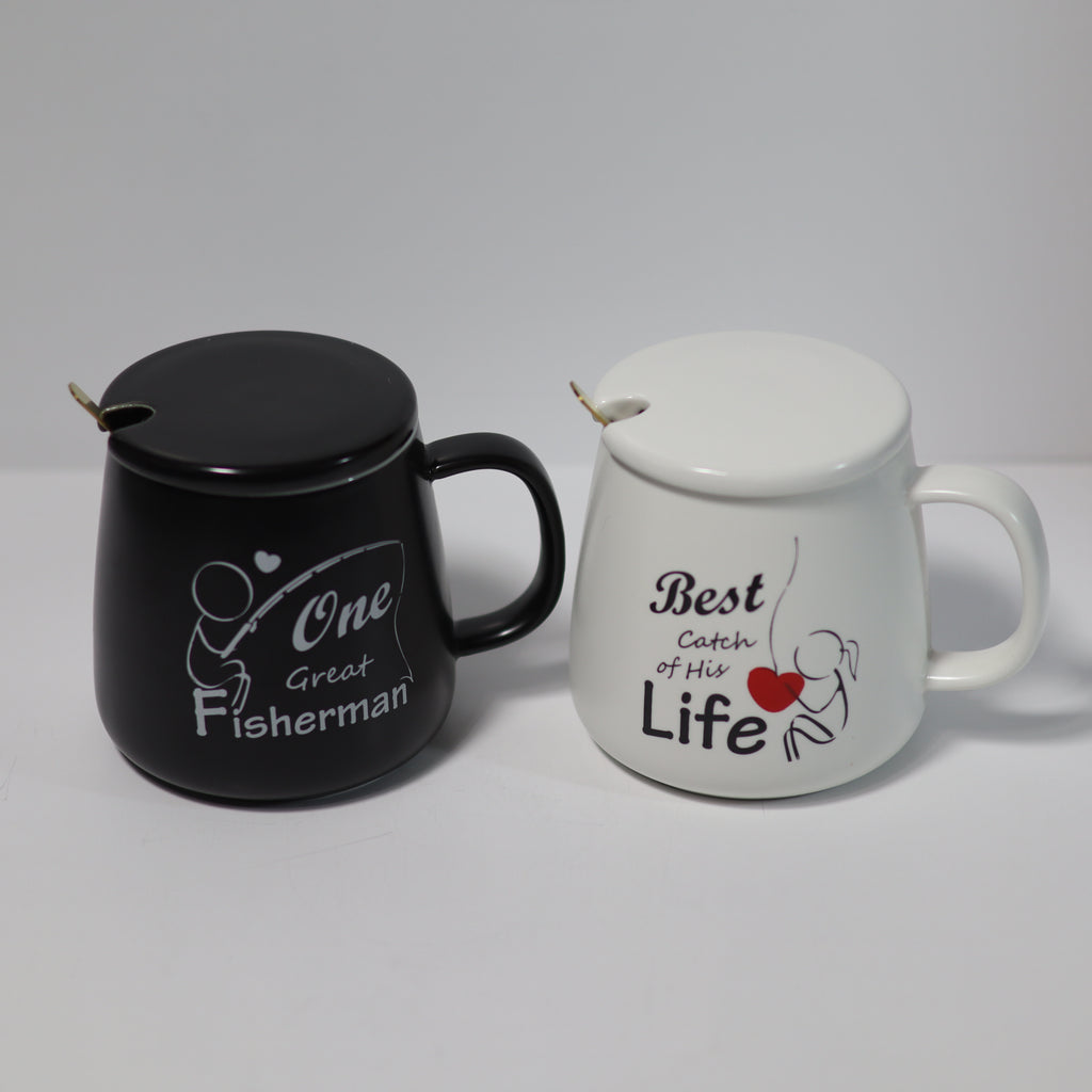 Black mug with 'One Great Fisherman' text and white mug with 'Best Catch of His Life' text on a gray background