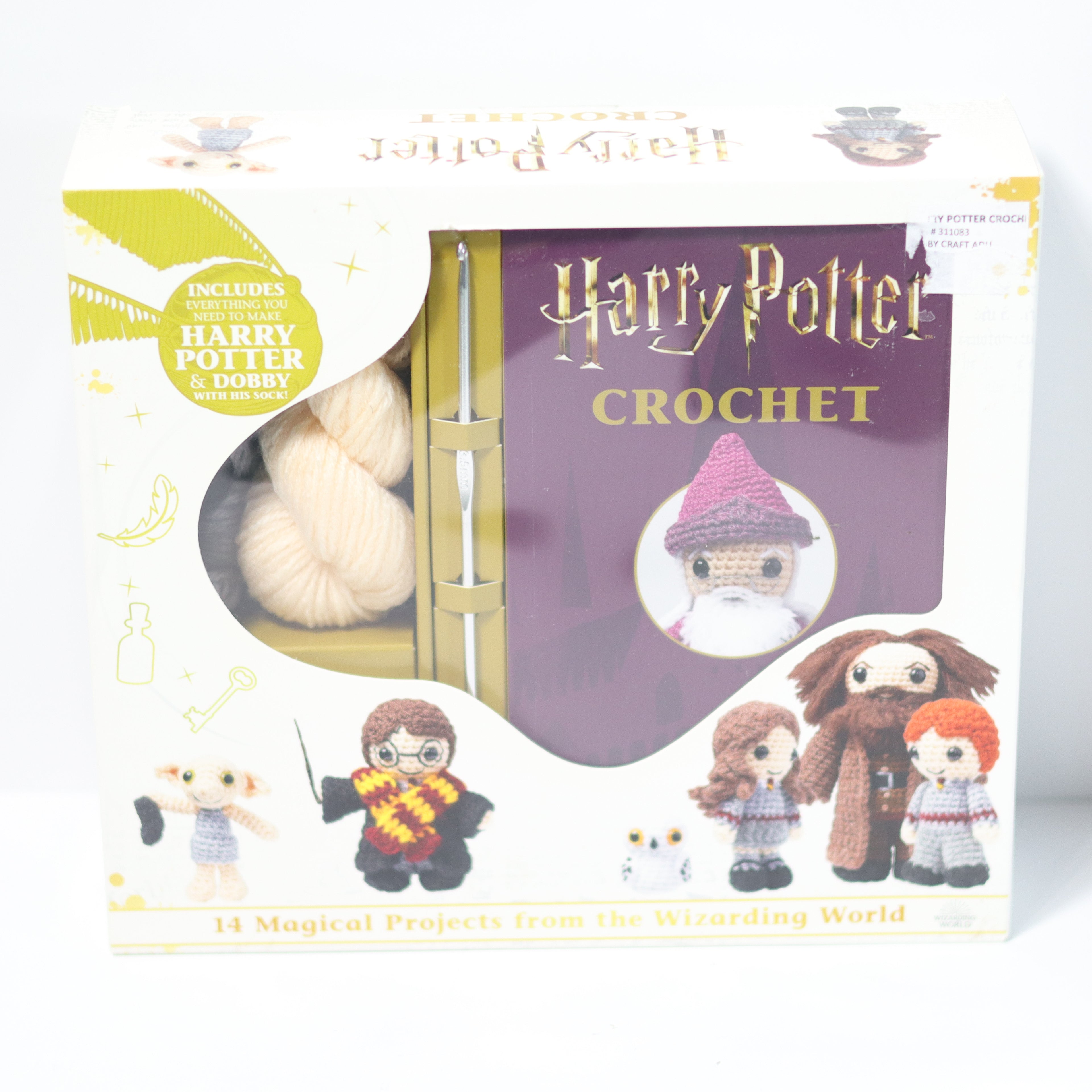 Harry Potter crochet kit packaging with yarn and hooks on a white background