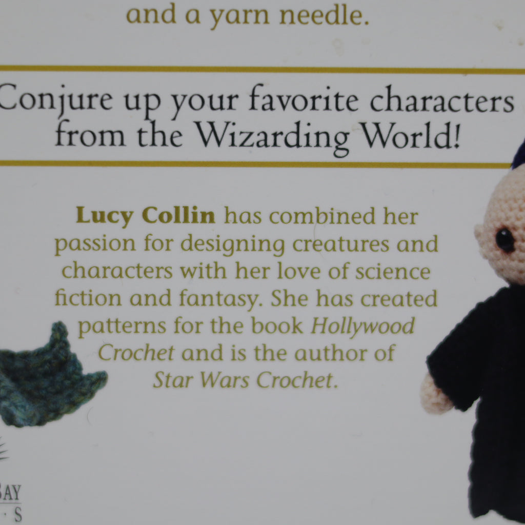 Text about creating characters from the Wizarding World with a small crocheted figure on a white background.