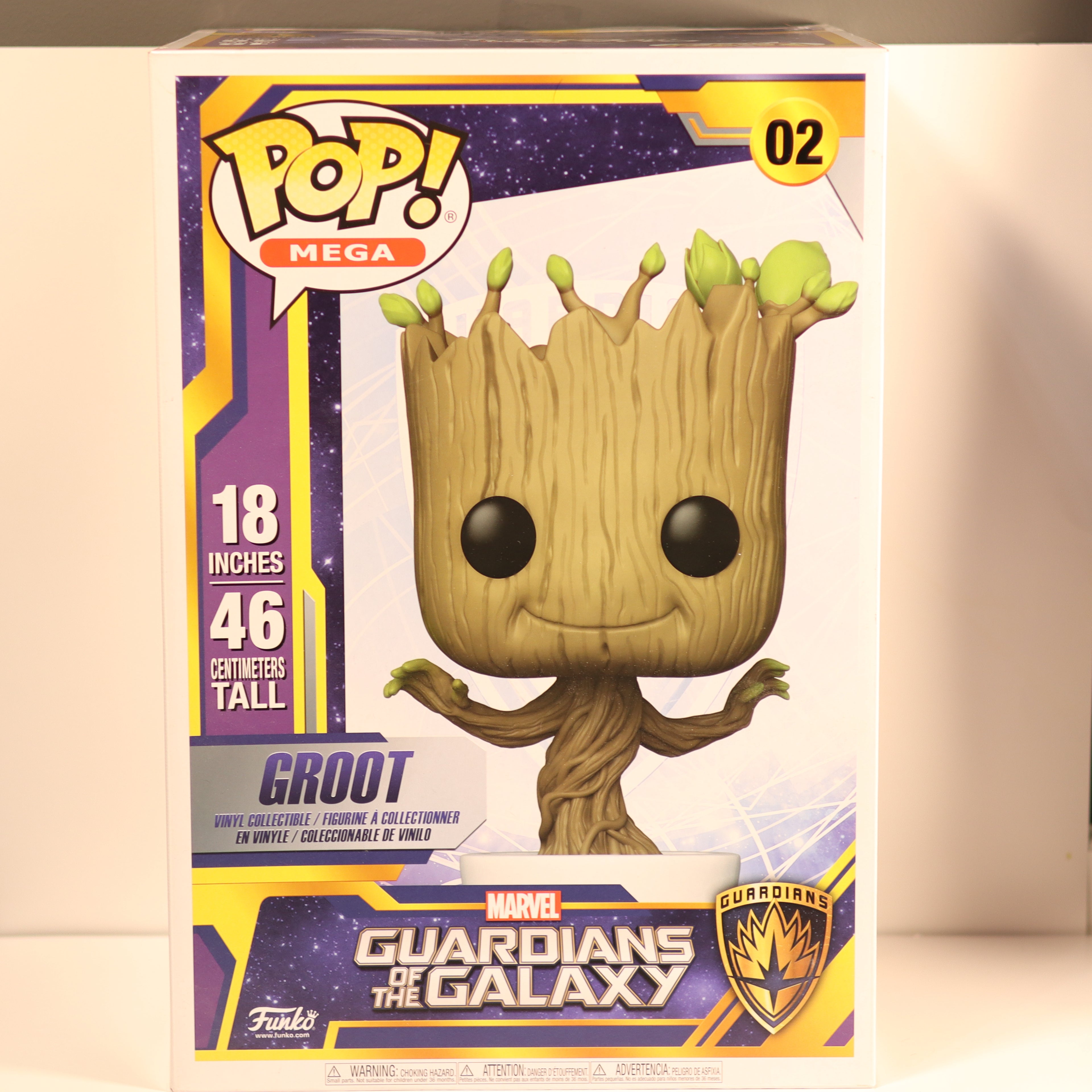 Funko Pop! Groot figure packaging with Marvel Guardians of the Galaxy branding.