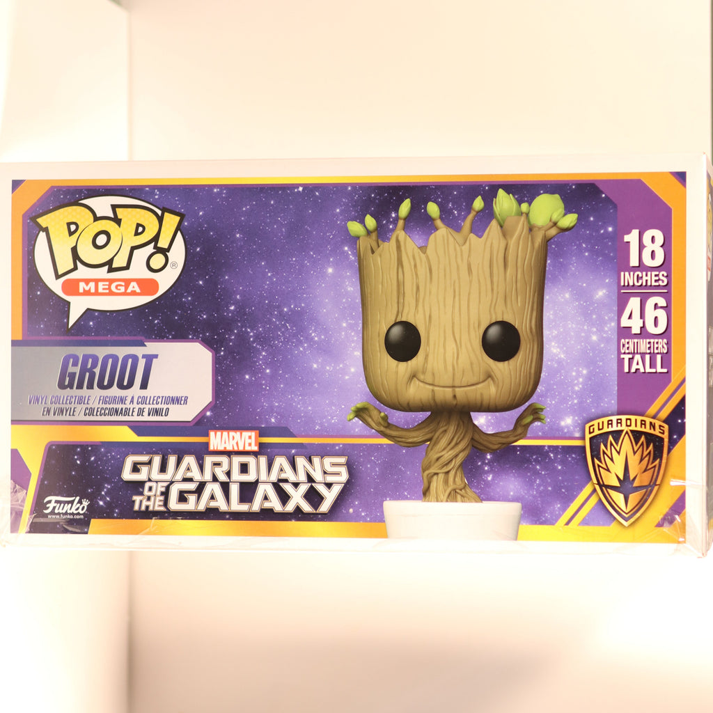 Box packaging of a Marvel Guardians of the Galaxy Groot figure with purple and yellow design.