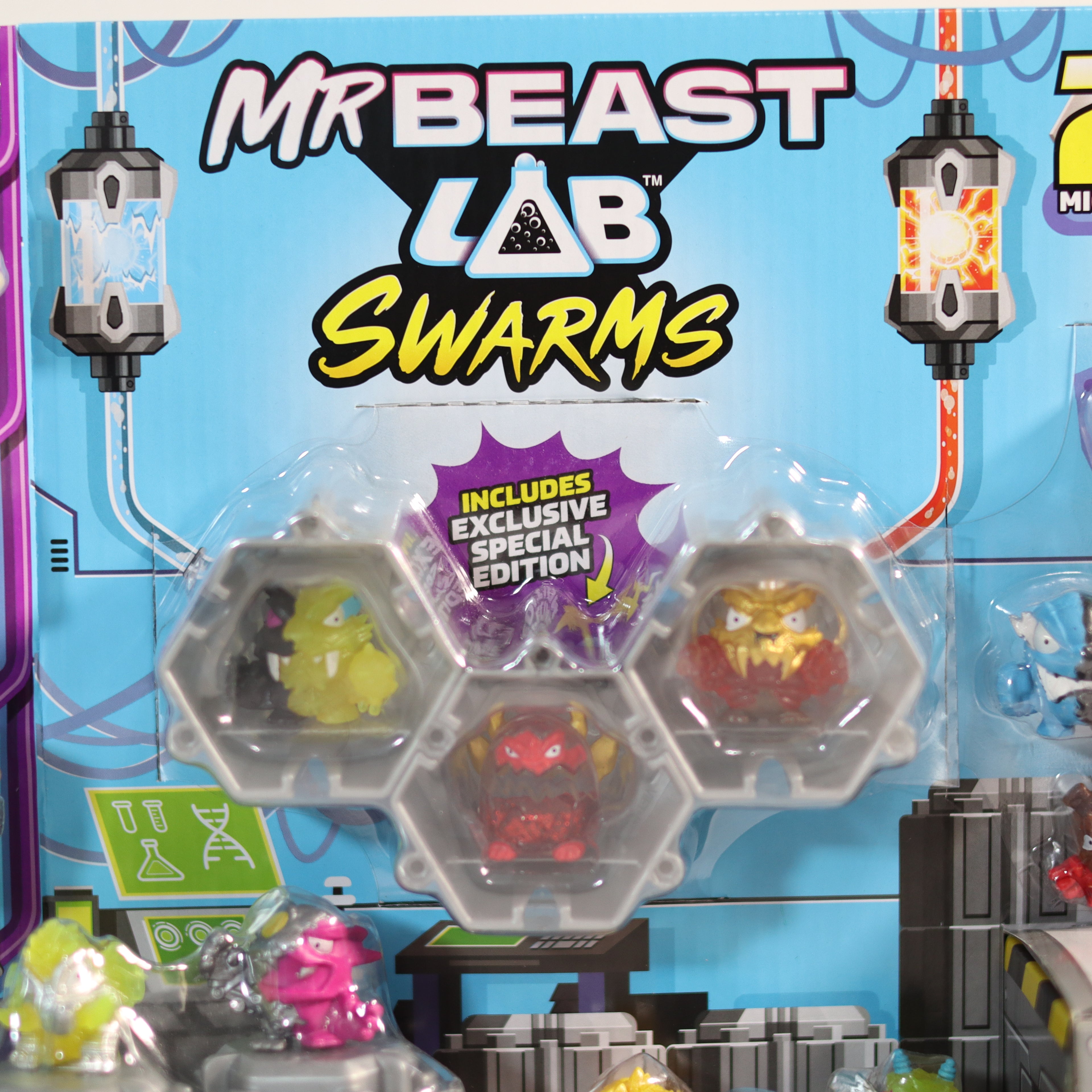 Mr Beast Lab Swarms toy set packaging with colorful figures and blue background