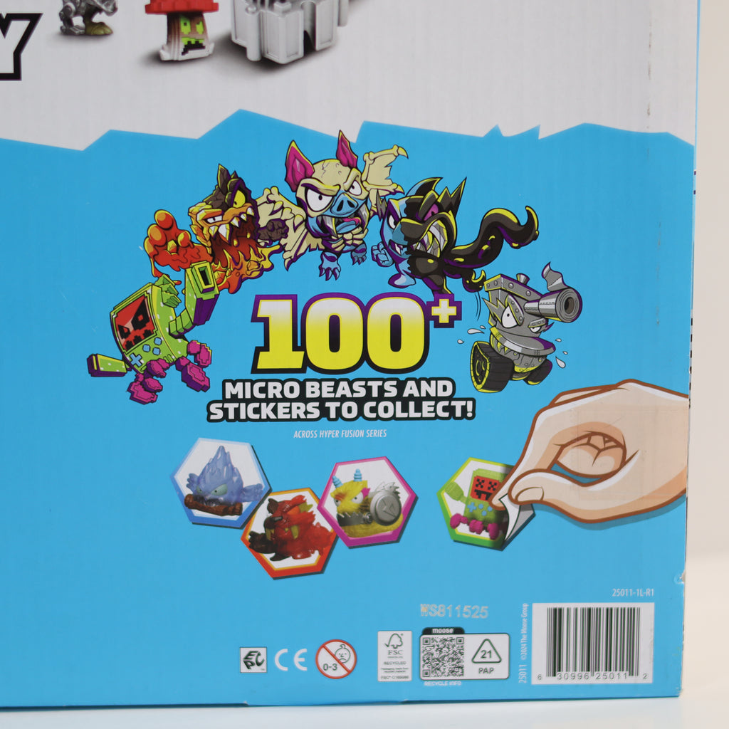 Toy packaging with colorful micro beasts and text about stickers to collect
