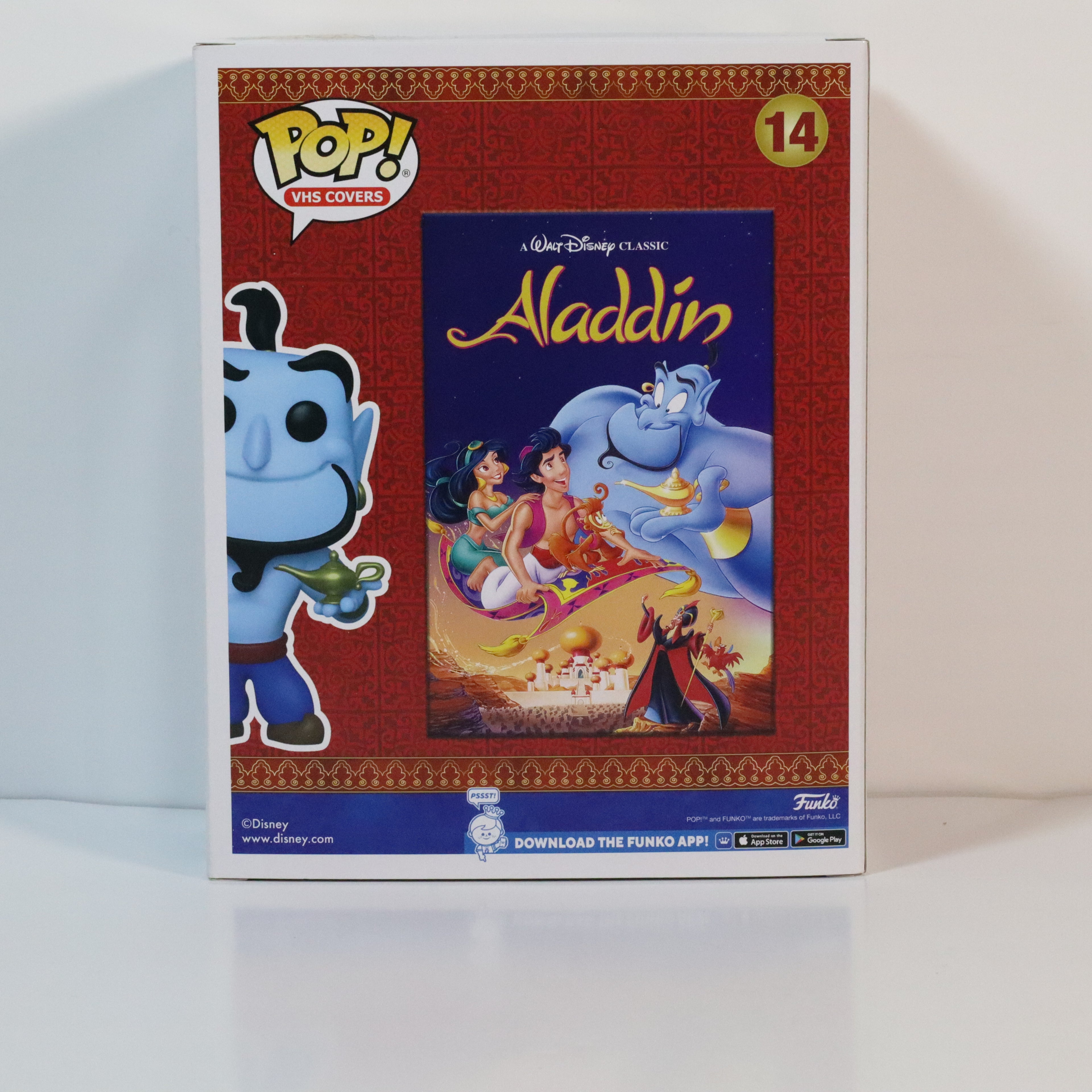 Funko Pop! Aladdin figure packaging with Disney movie poster on a white background