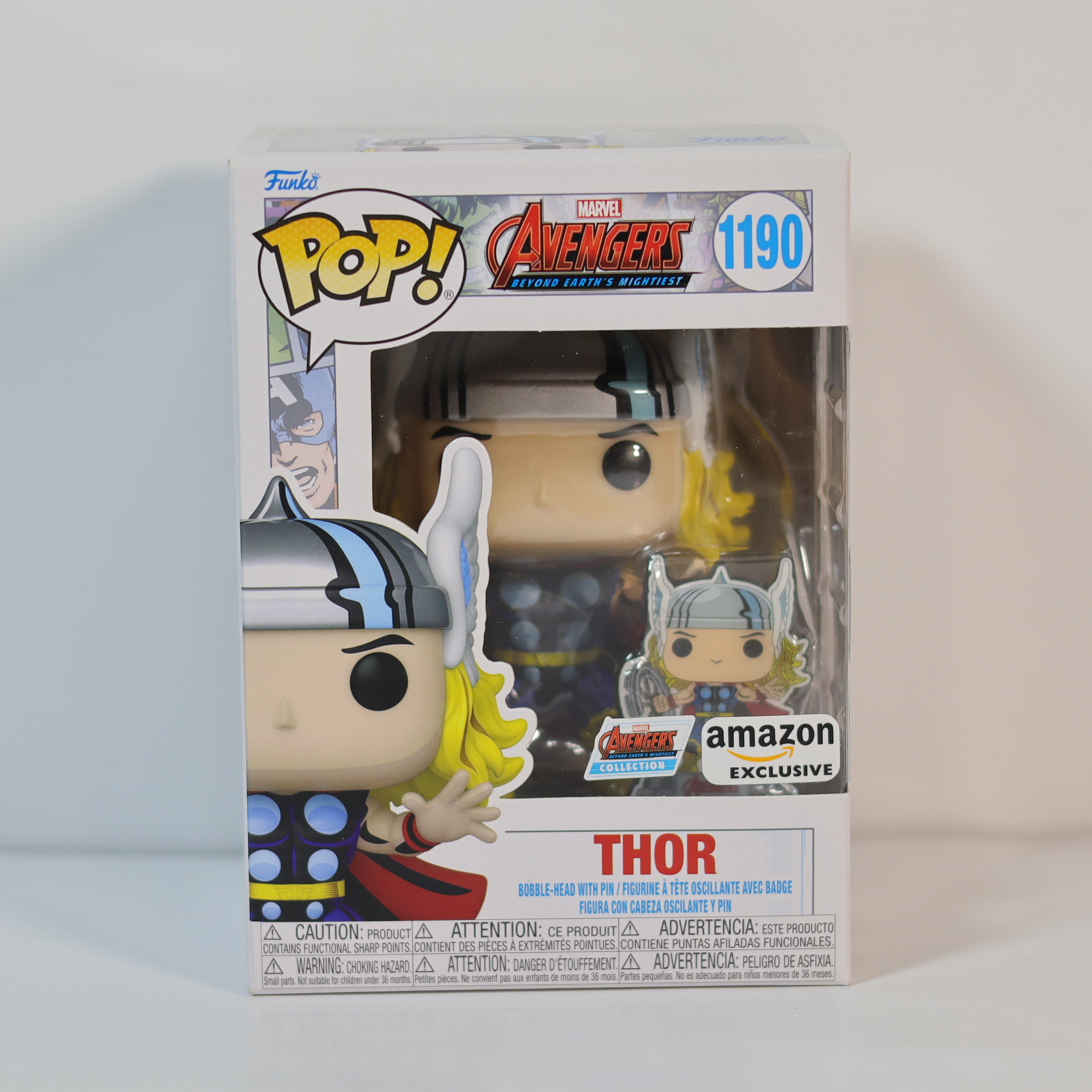 Funko Pop! Thor figure in packaging with Marvel and Amazon branding on a light gray background