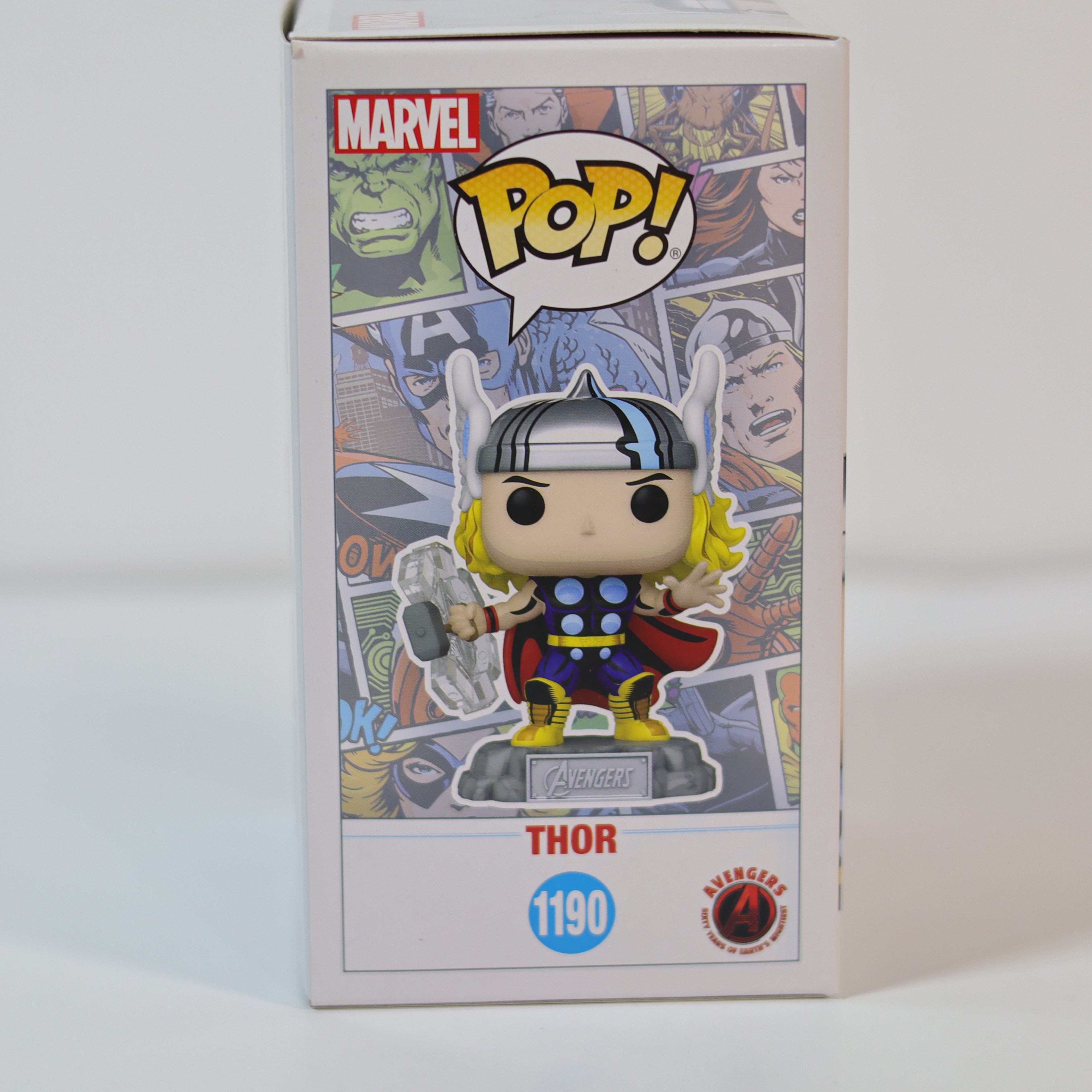 Marvel Pop! vinyl figure of Thor on a box with Marvel branding