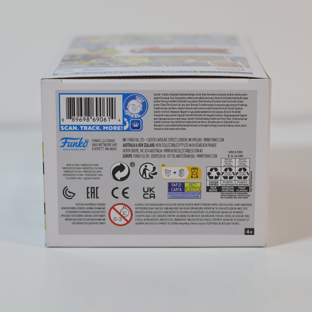 Back of a Funko Pop! box with branding and product information on a white background