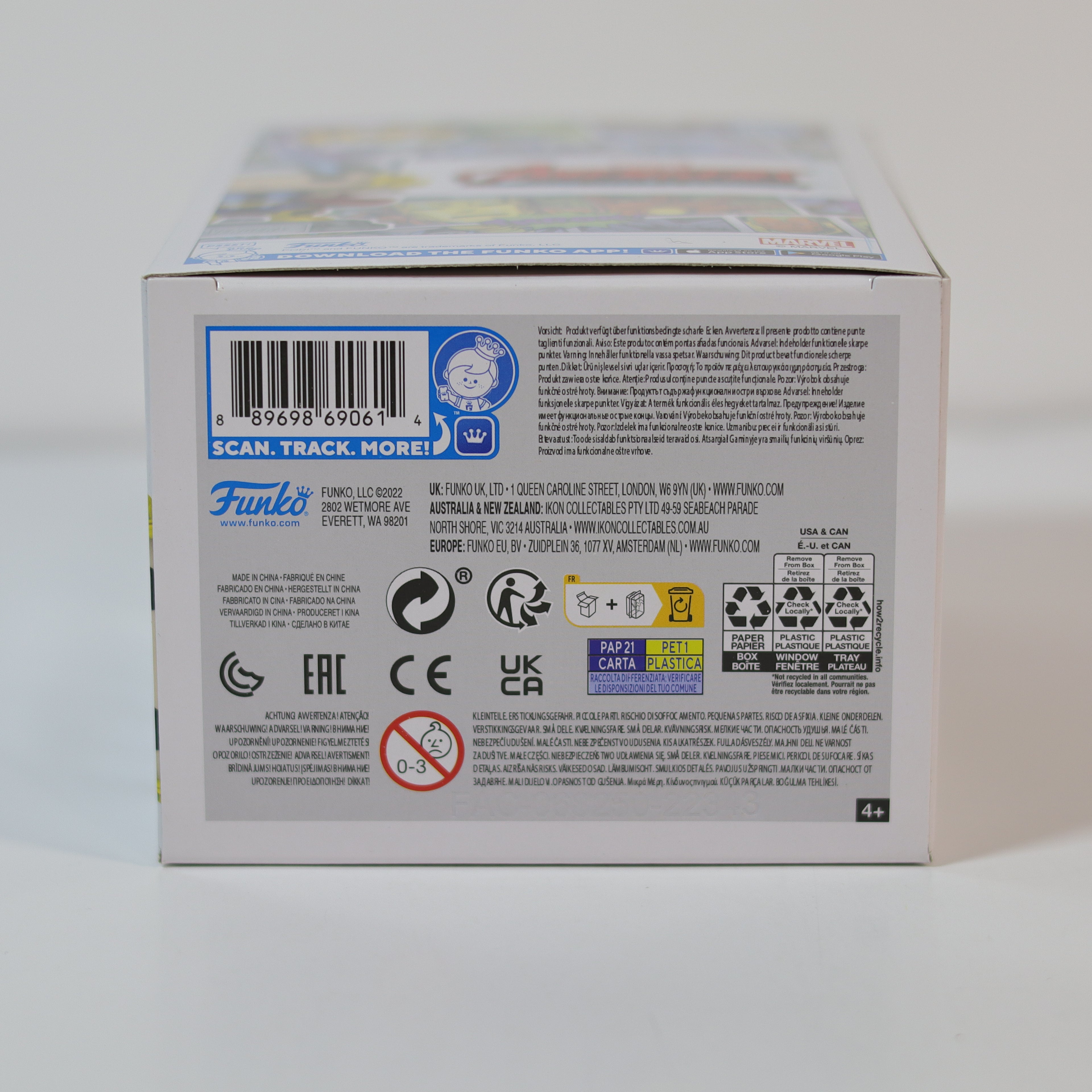 Back of a Funko Pop! box with branding and product information on a white background