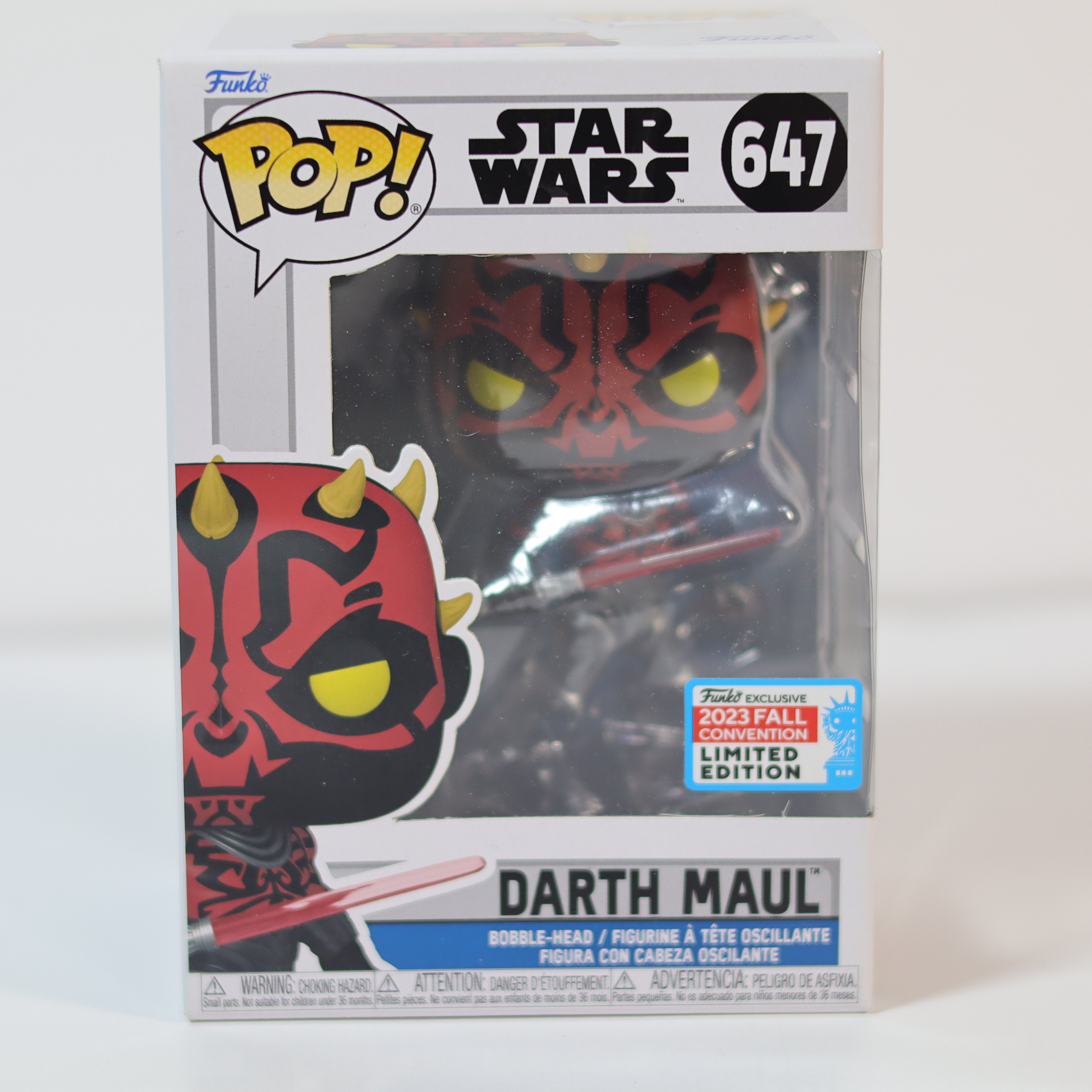 Funko Pop! Darth Maul figure packaging with Star Wars branding on a white background