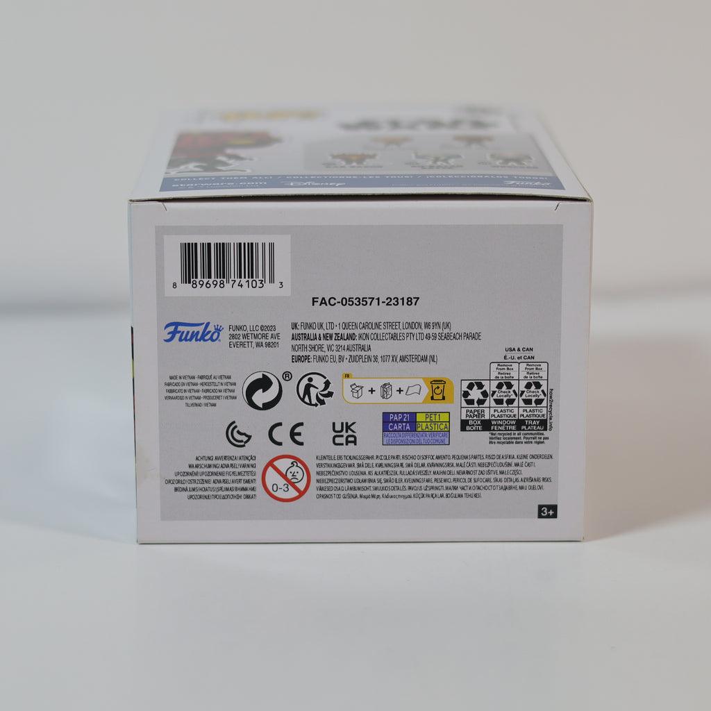 Back view of a Funko Pop! box with branding and product information on a white background