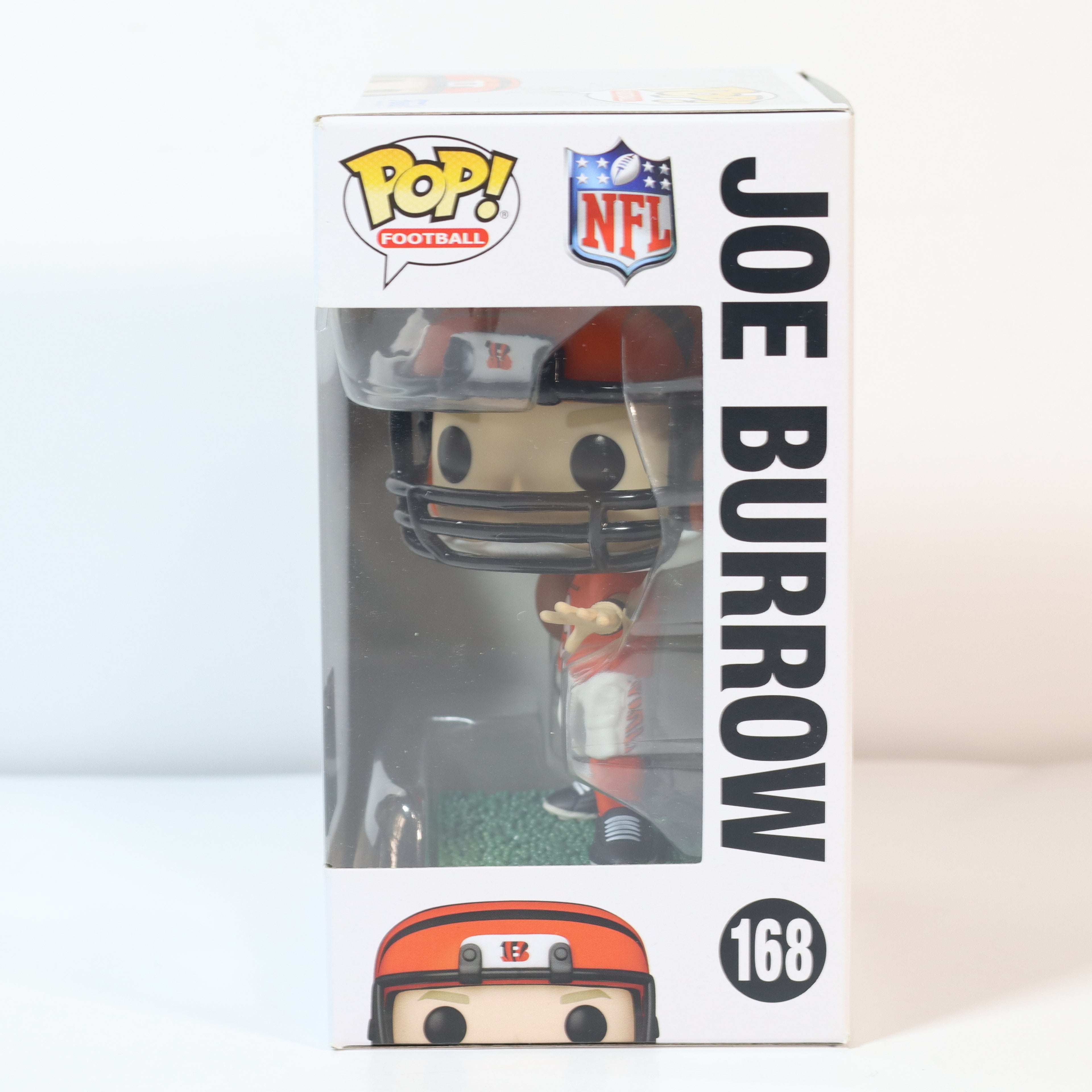 Funko Pop! vinyl figure packaging featuring Joe Burrow with NFL branding.