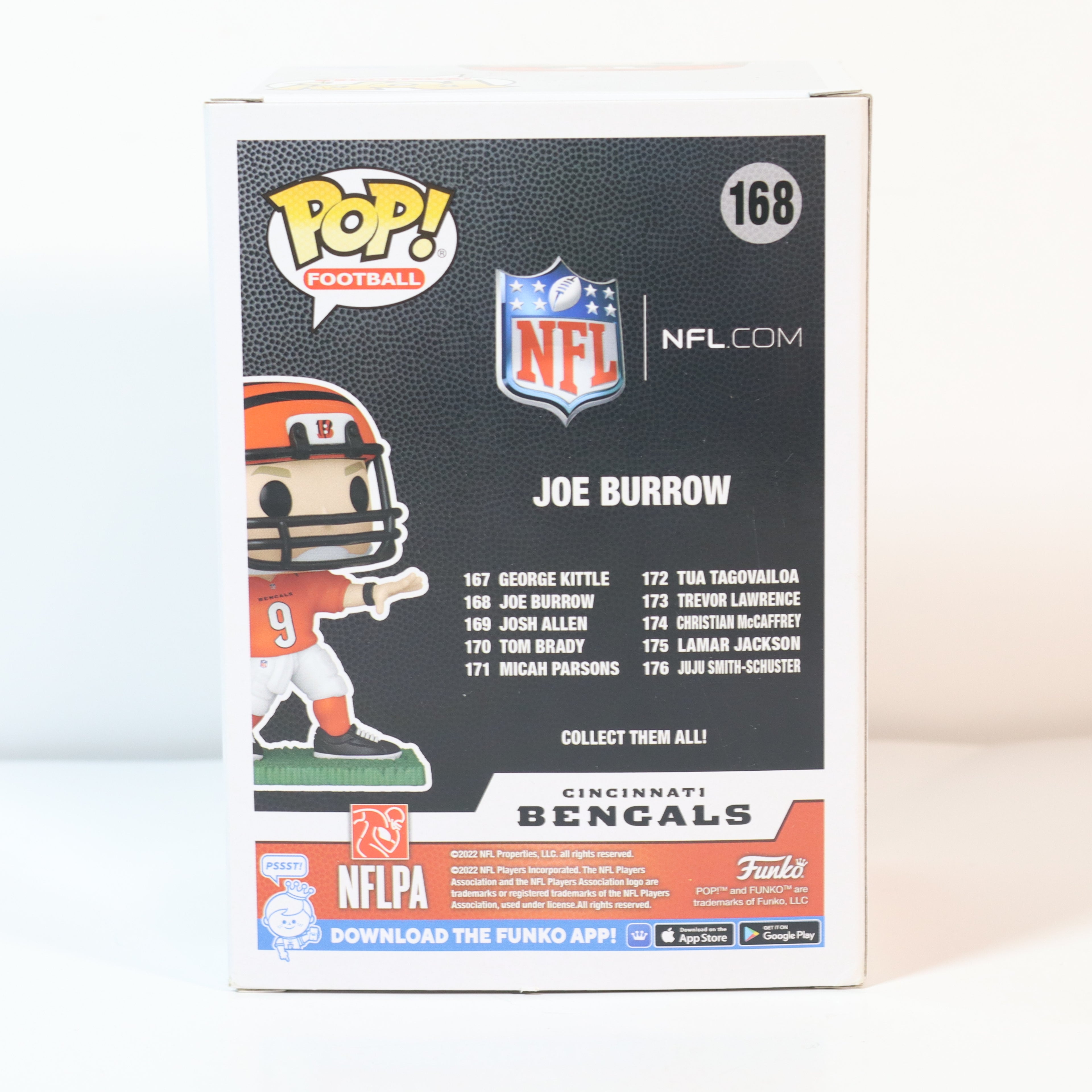 Funko Pop! Football figure packaging featuring NFL branding and Joe Burrow's name.