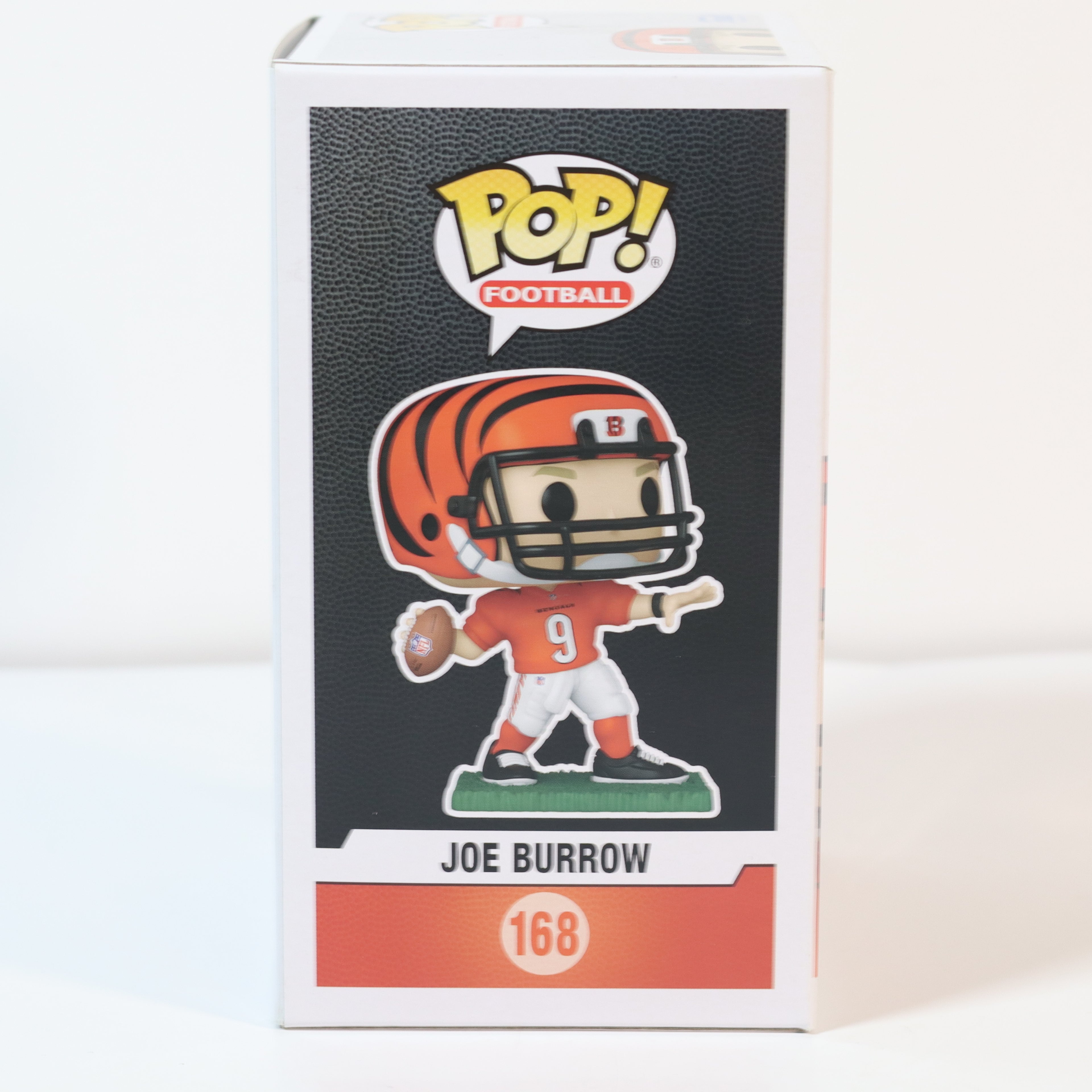 Boxed Pop! Football figure of Joe Burrow with orange and black helmet