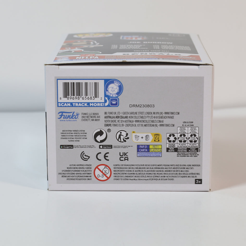 Back of a Funko Pop! box with branding and product information on a white background