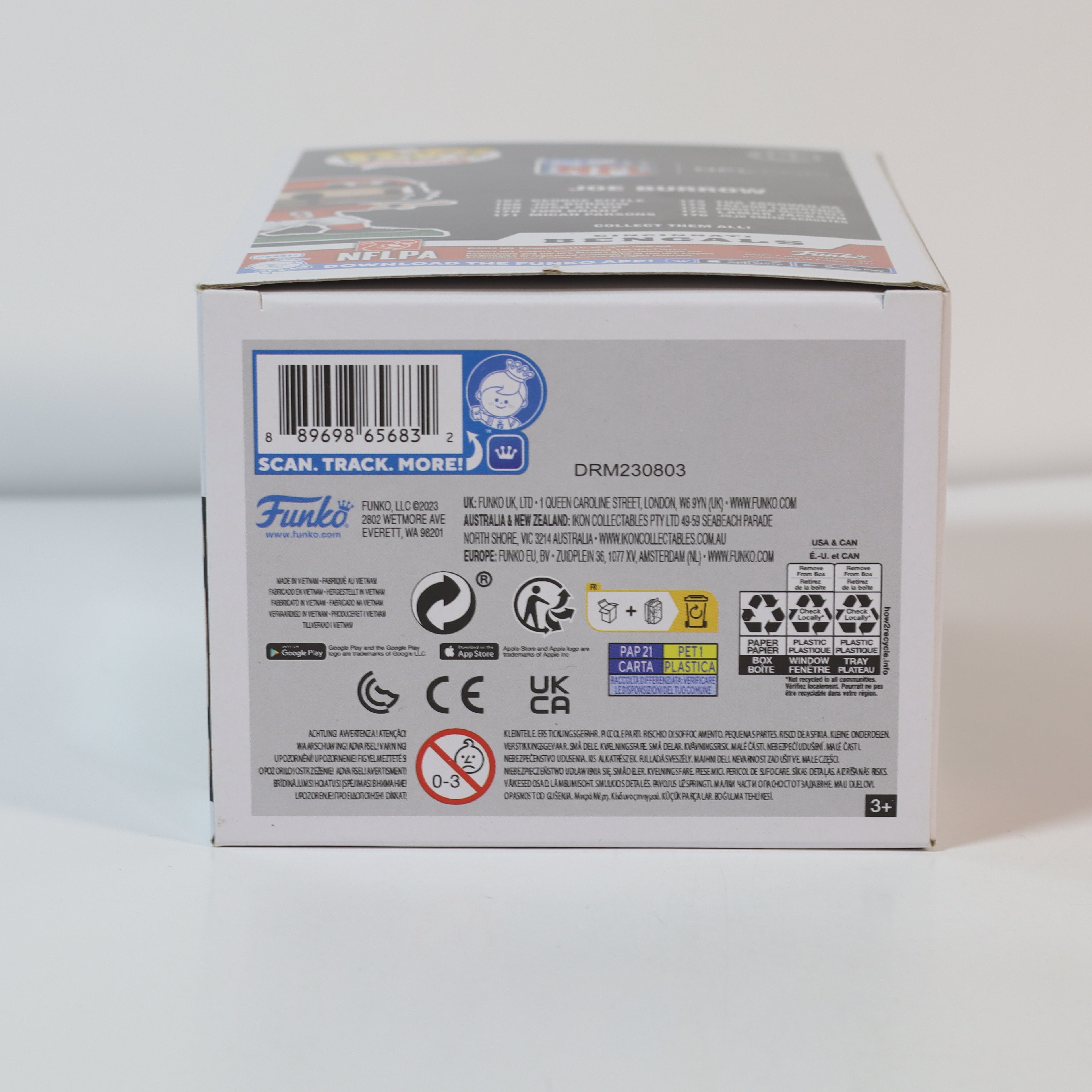 Back of a Funko Pop! box with branding and product information on a white background