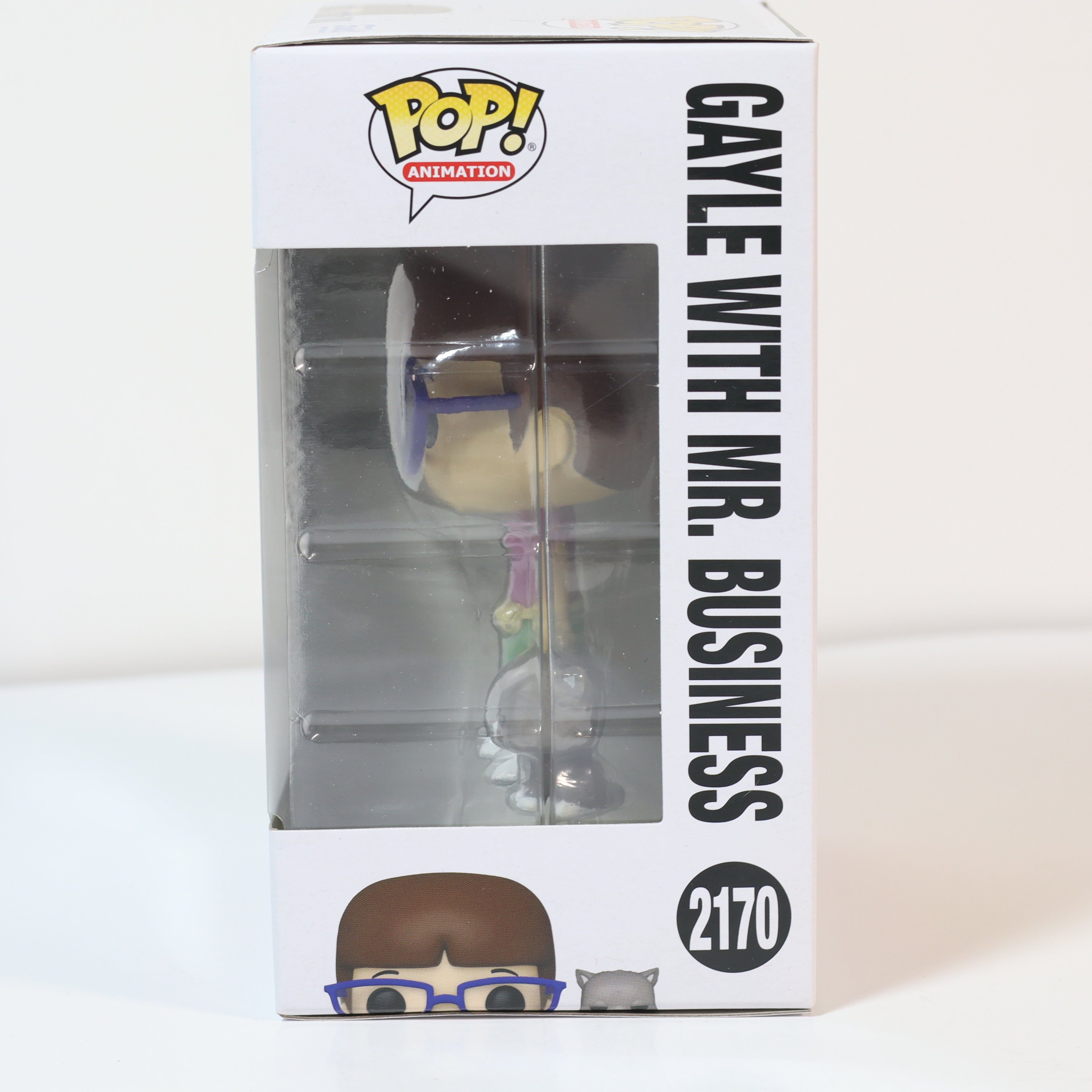 Pop! Animation figure packaging with character illustration and 'Gayle with Mr. Business' text.