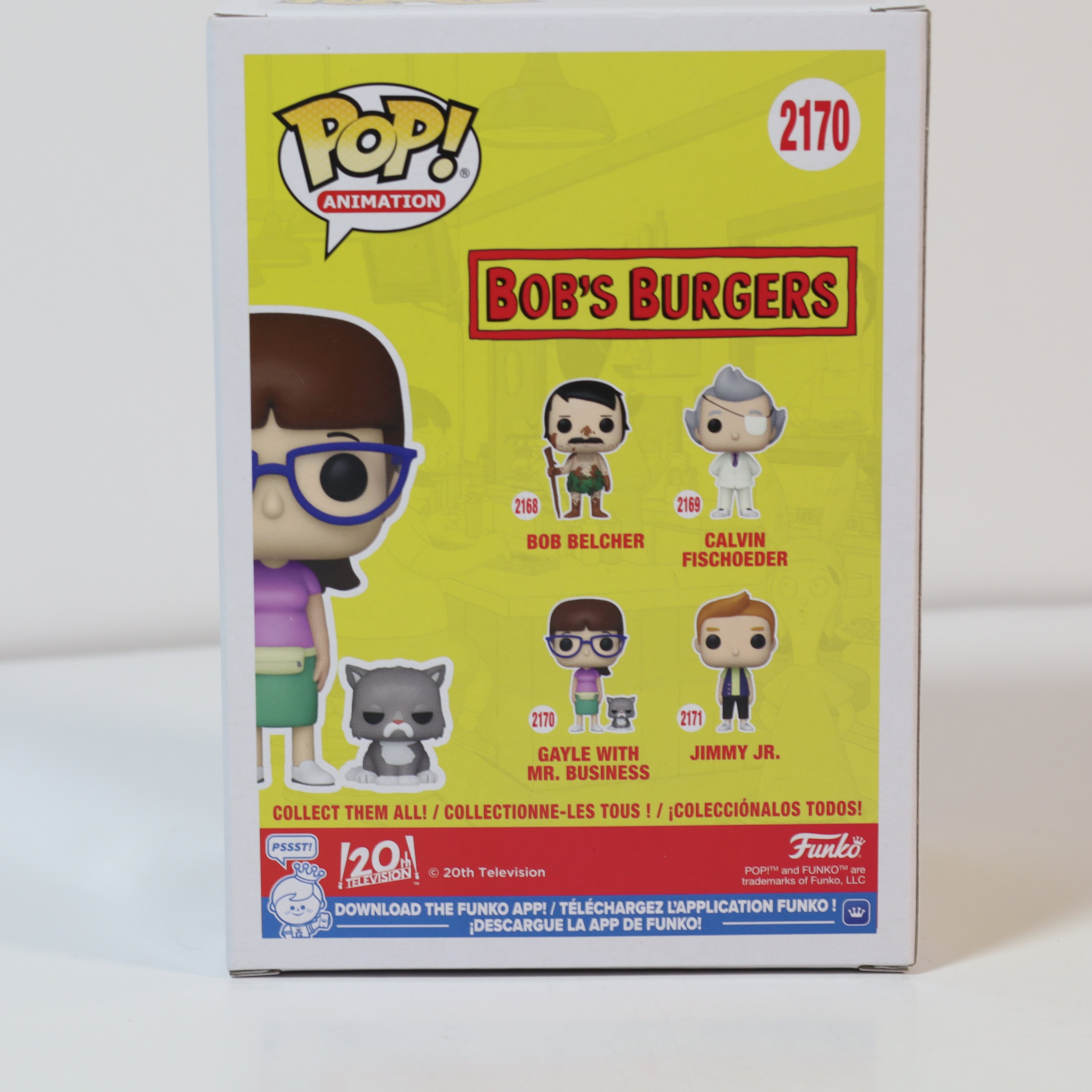 Box for a Funko Pop! Bob's Burgers figure with character illustrations on a white background