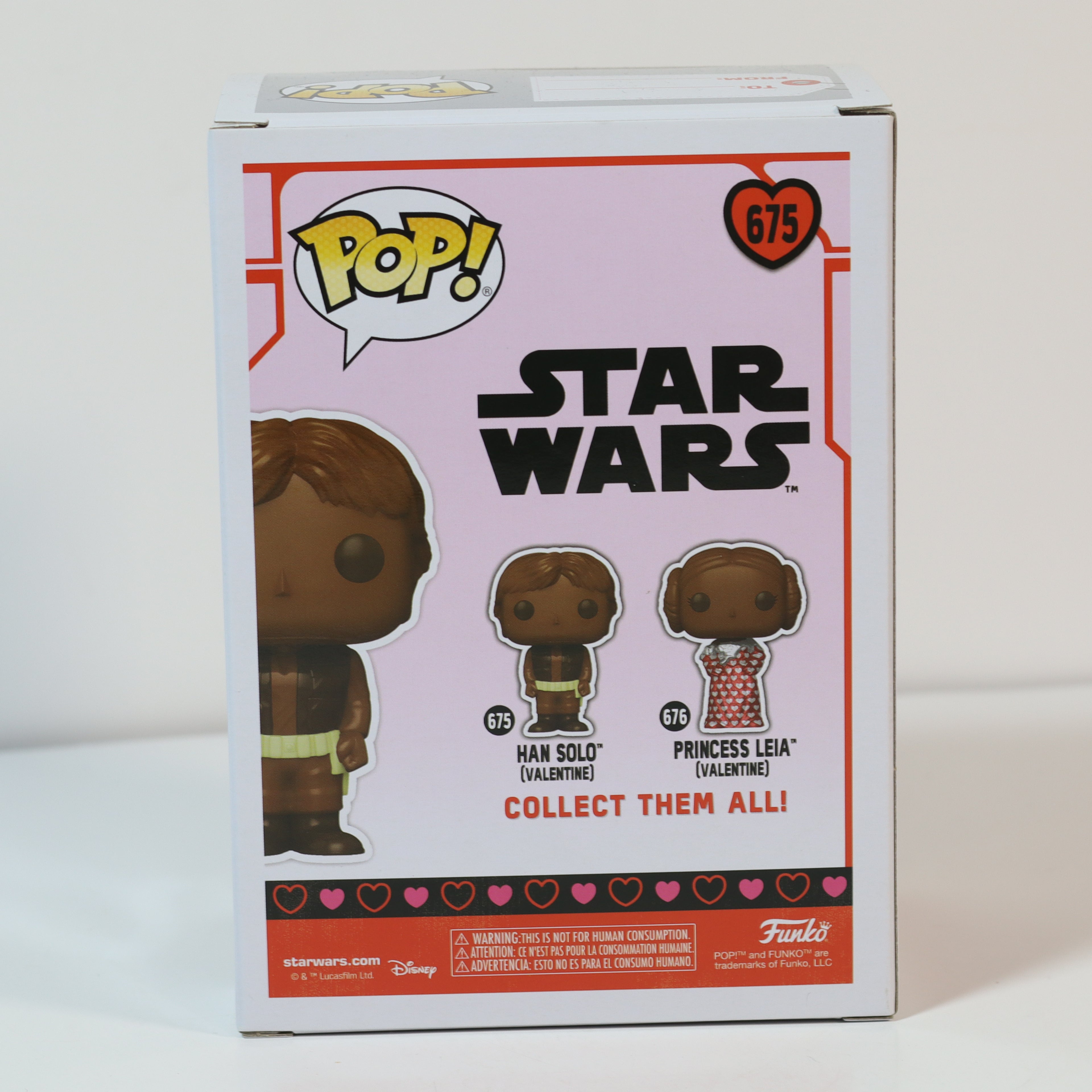 Funko Pop! Star Wars box with Han Solo and Princess Leia figures on a white background