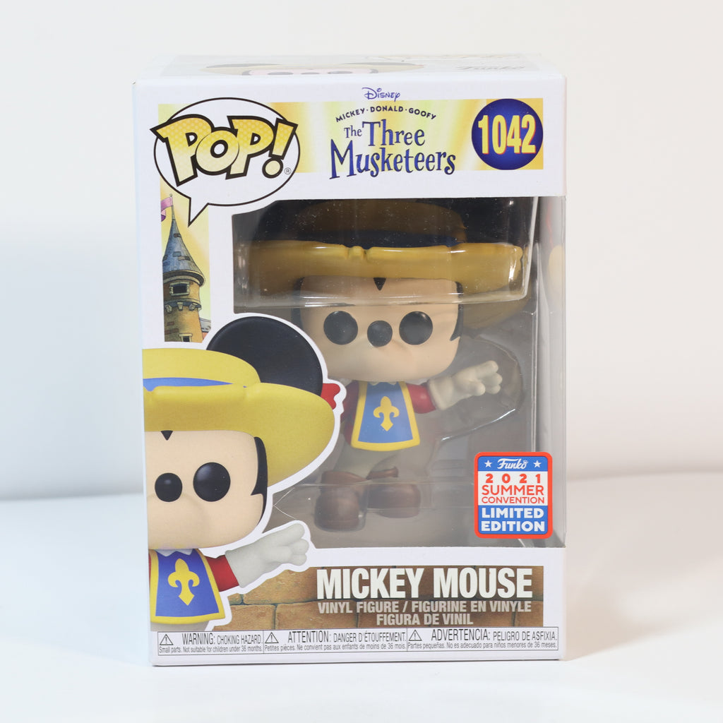 Funko Pop! packaging featuring Mickey Mouse from The Three Musketeers with a limited edition label.
