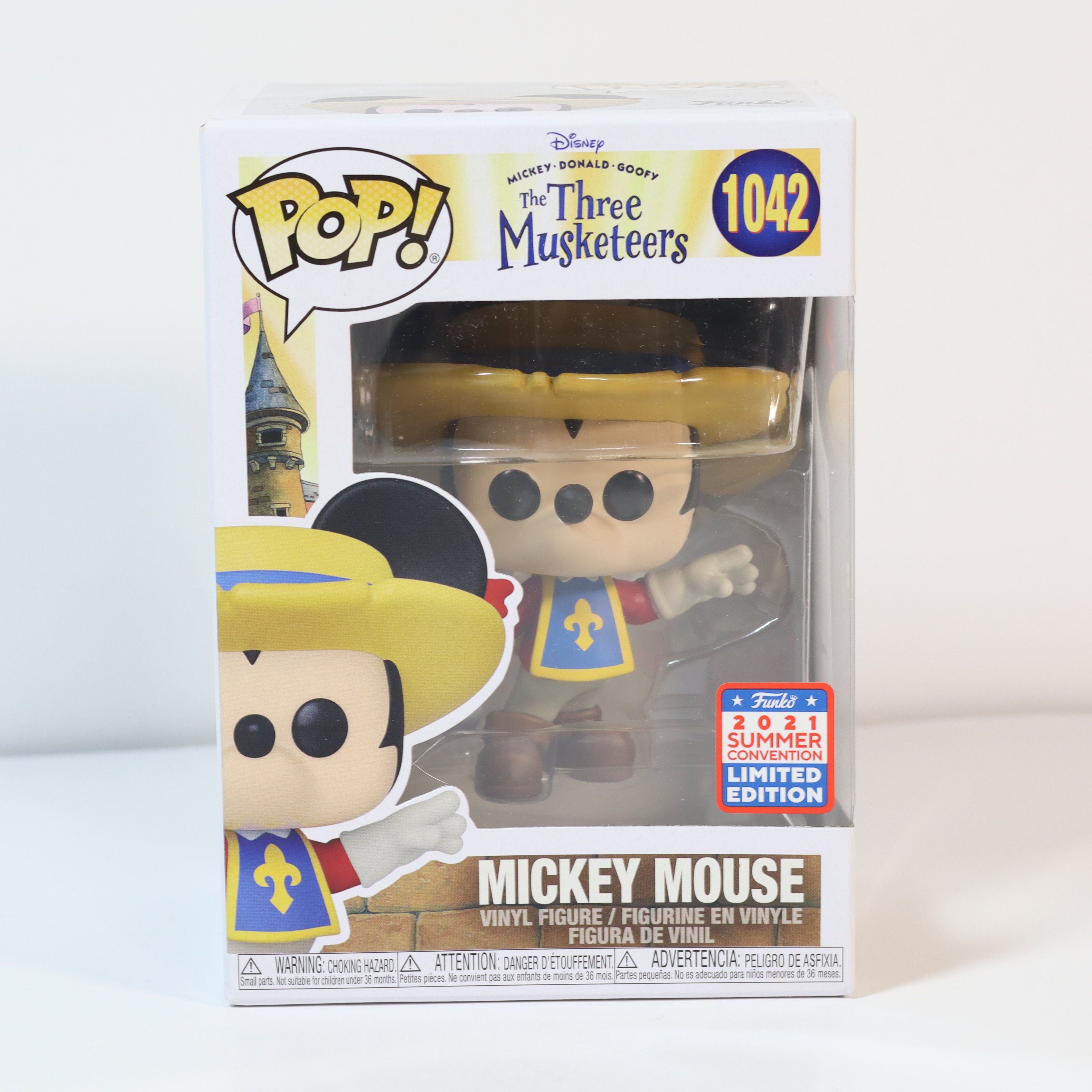 Funko Pop! packaging featuring Mickey Mouse from The Three Musketeers with a limited edition label.