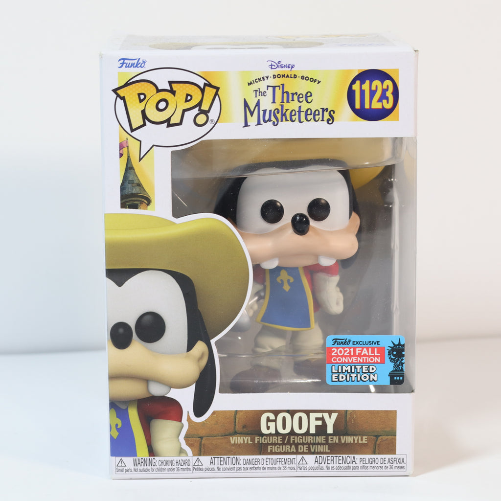Funko Pop! vinyl figure packaging of Goofy from The Three Musketeers with product details.