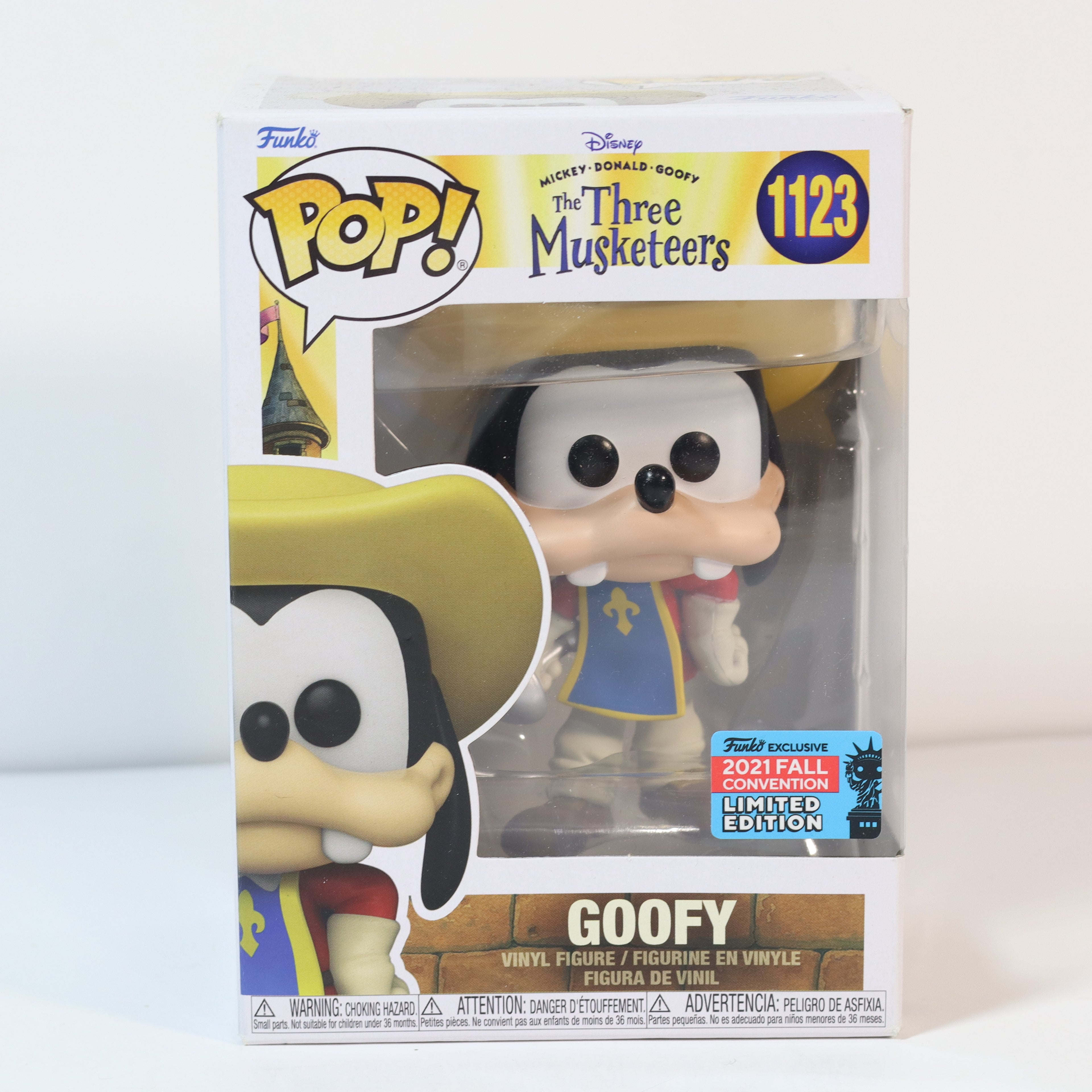 Funko Pop! vinyl figure packaging of Goofy from The Three Musketeers with product details.