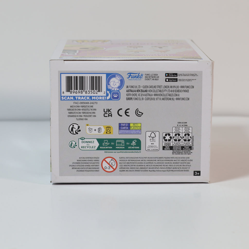 Back view of a product box with various labels and symbols on a white background