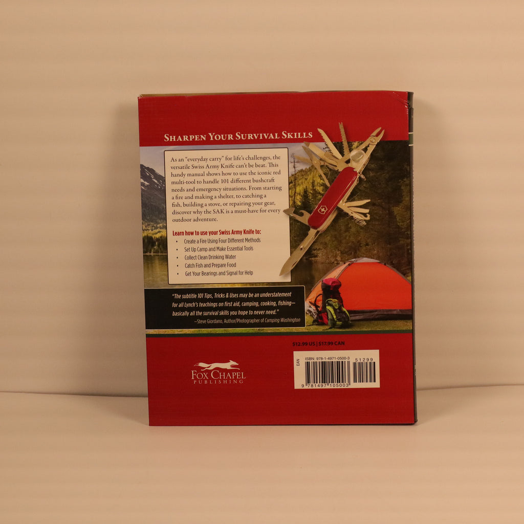 Back cover of a book with camping imagery and text on a beige background
