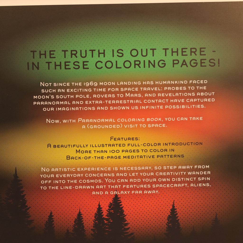 Promotional text for a coloring book with space and alien themes, set against a gradient background with trees.