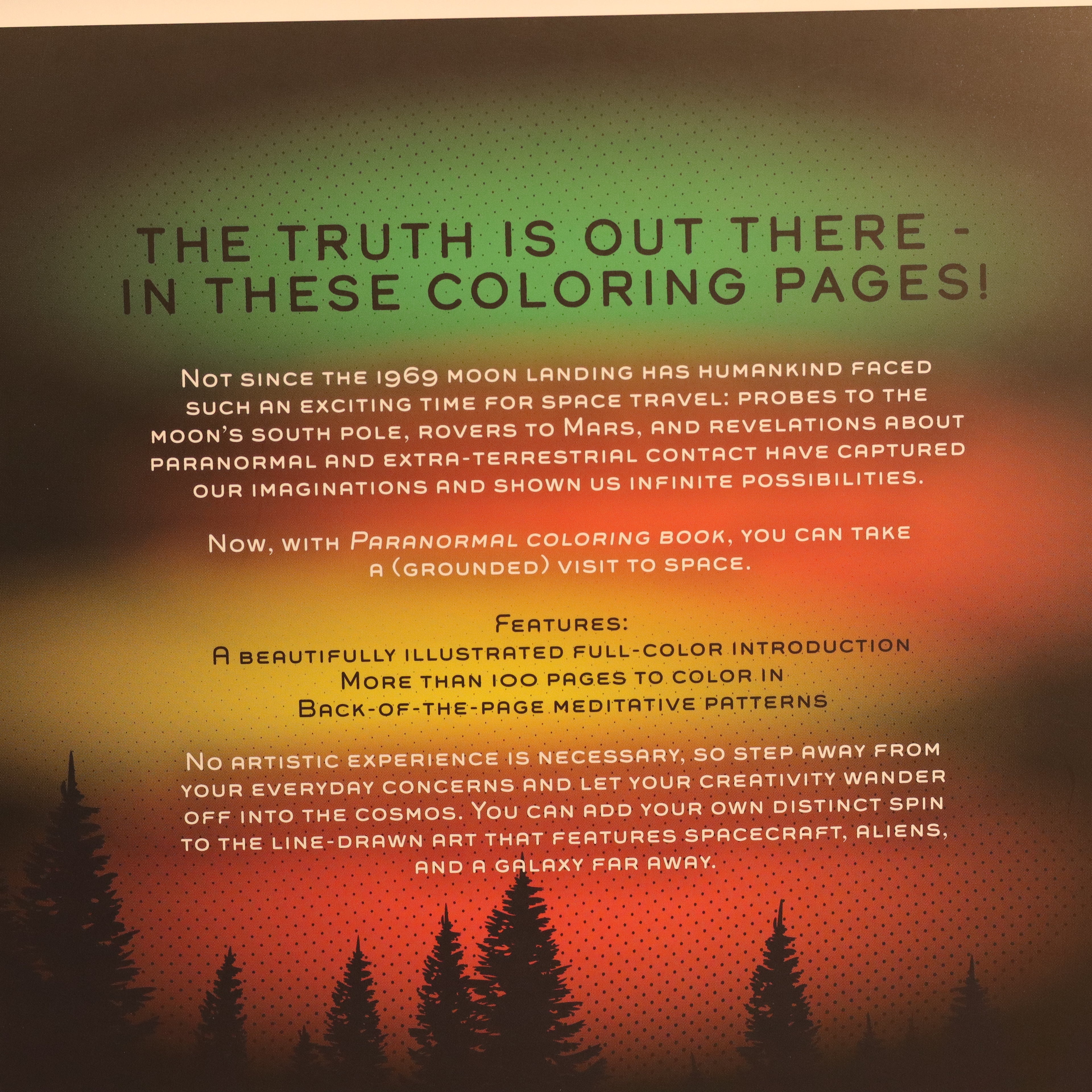 Promotional text for a coloring book with space and alien themes, set against a gradient background with trees.