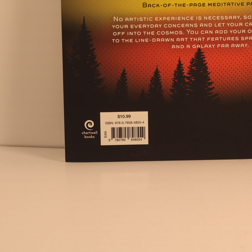 Book back cover with silhouettes of trees and text on a gradient background