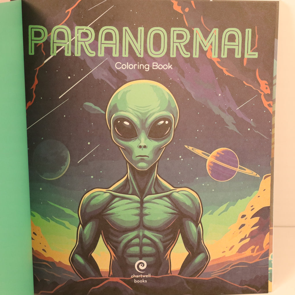 Coloring book cover with an alien illustration and 'Paranormal' text